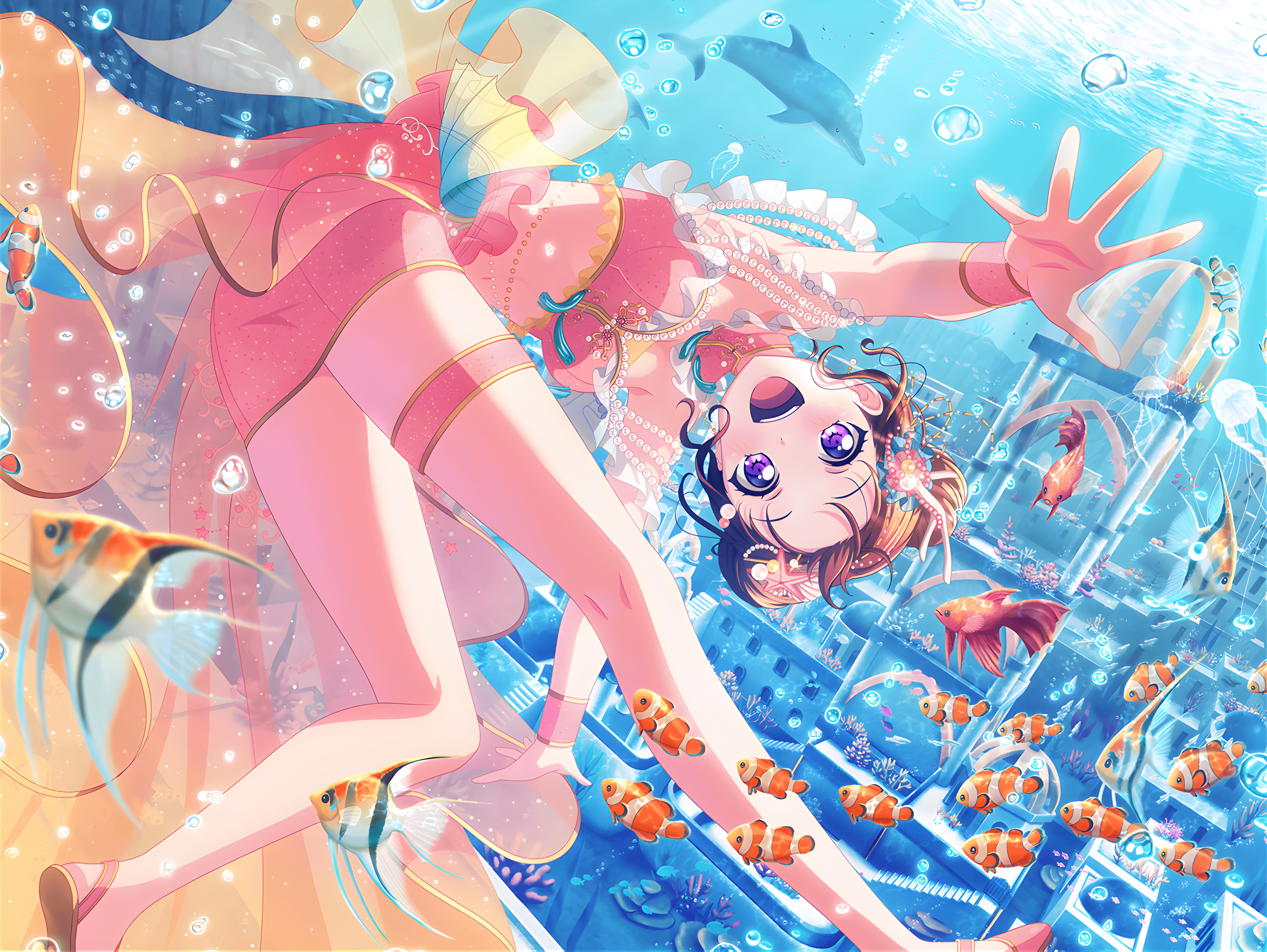 BanG Dream Anime Anime Girls Toyama Kasumi Fish Looking At Viewer Sunlight Dolphin Water Underwater  5336x4008