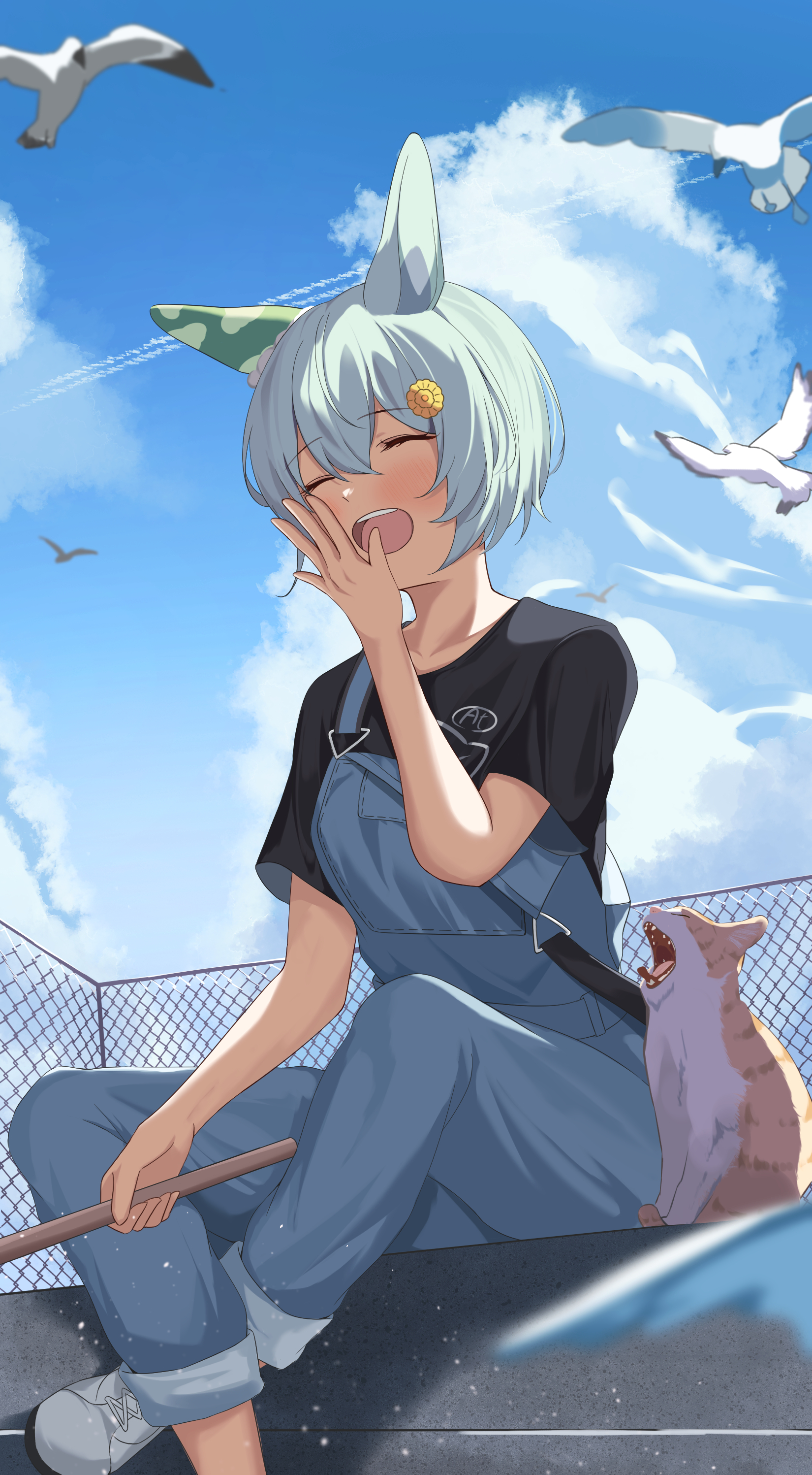 Anime Anime Girls Birds Blue Hair Cats Yawning Closed Eyes Clouds 1650x2995