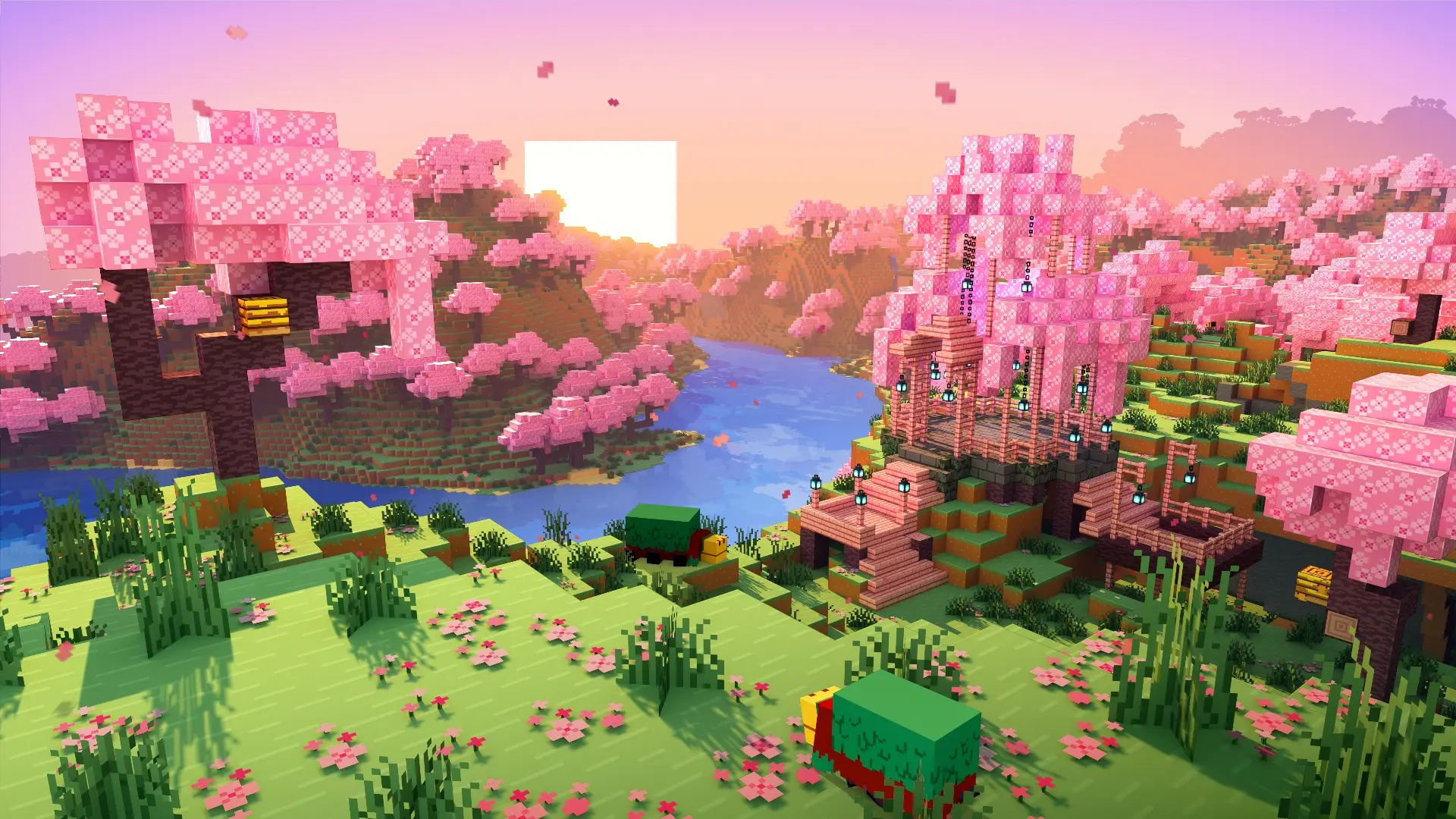 Minecraft Mojang Video Games Cube Water Flowers Trees Sun 1920x1080