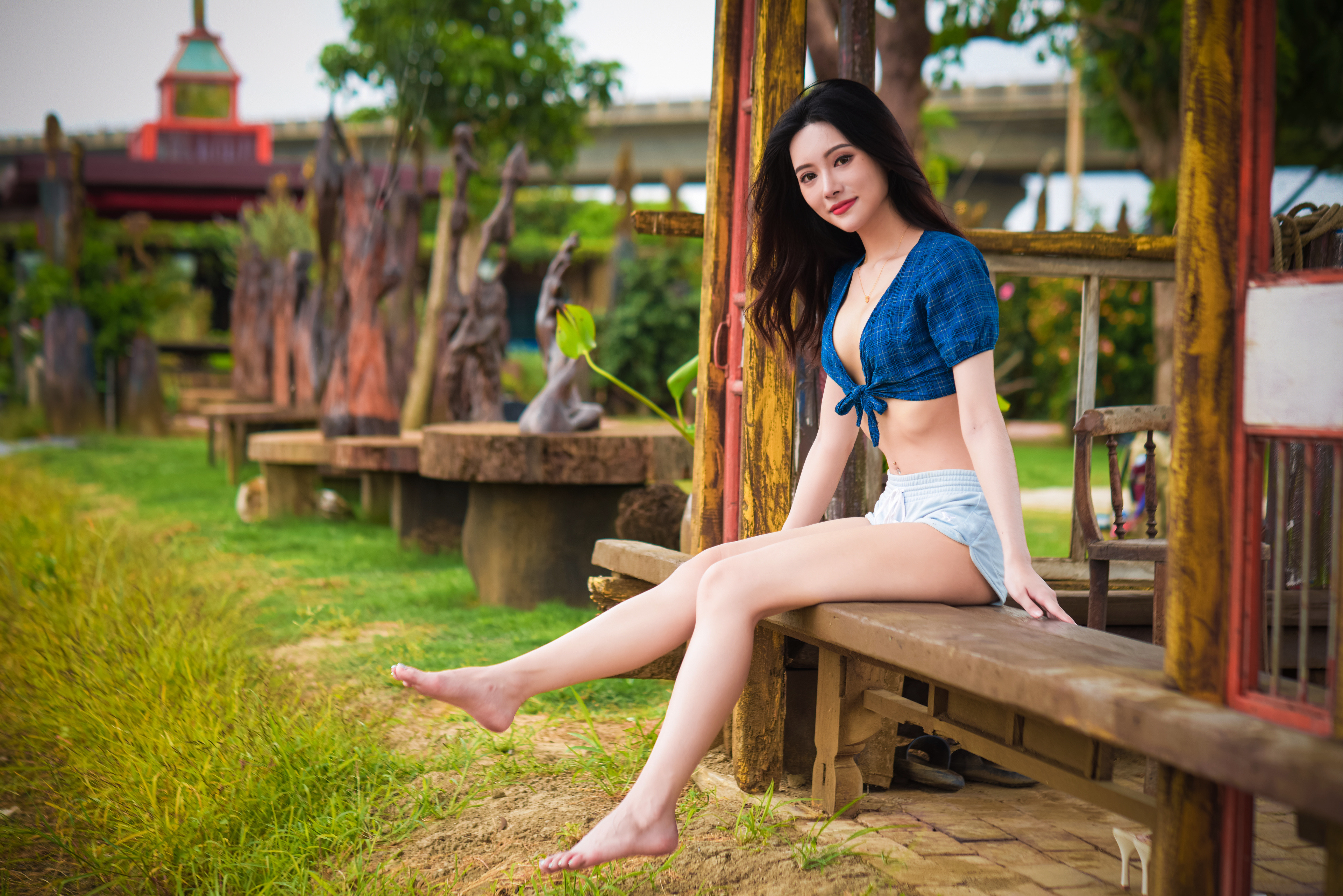 Asian Model Women Dark Hair Long Hair Shorts Blue Tops Barefoot Sitting 3840x2563