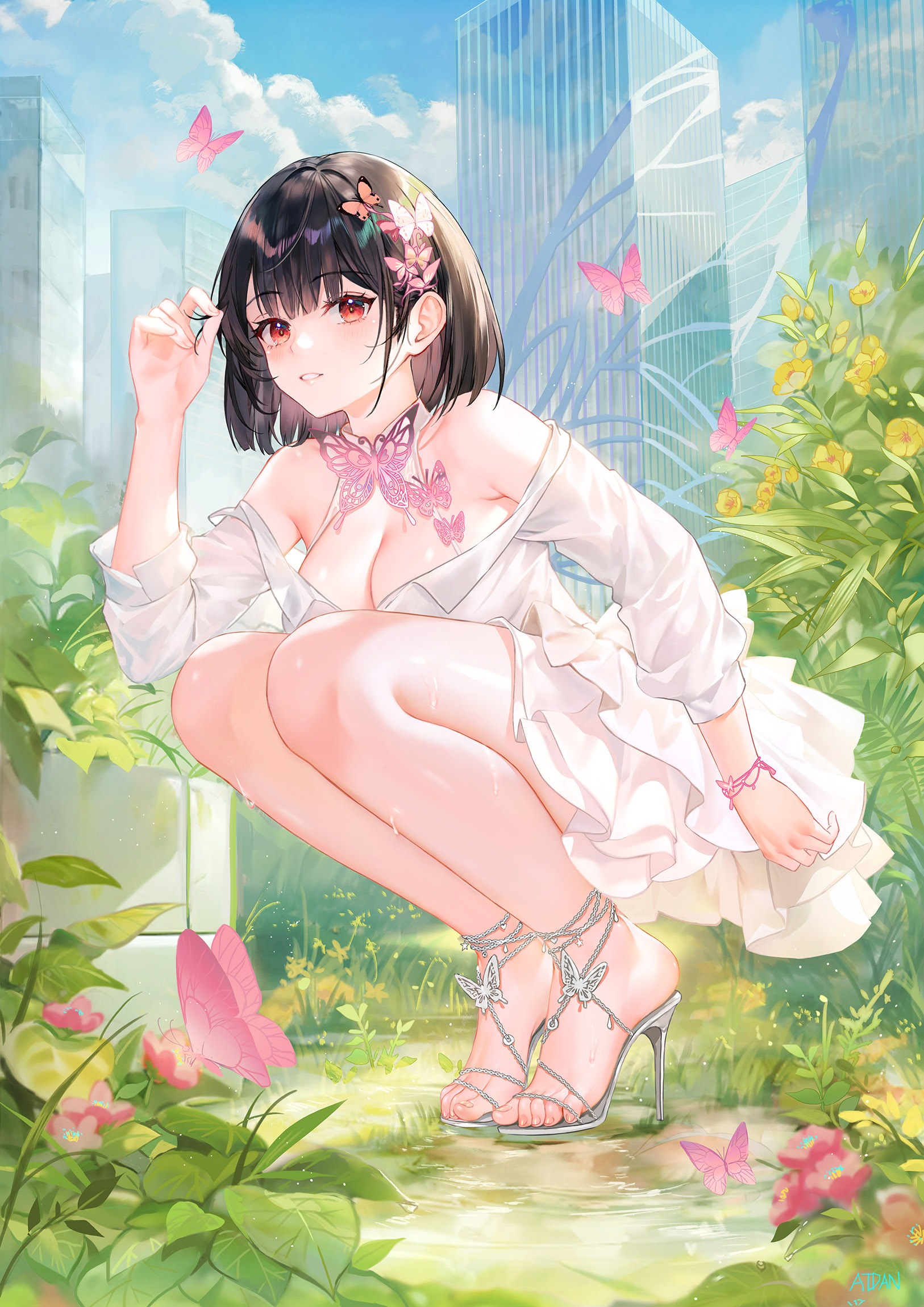 Anime Anime Girls Butterfly Leaves Flowers Heels Red Eyes Black Hair Artwork Atdan 1626x2300