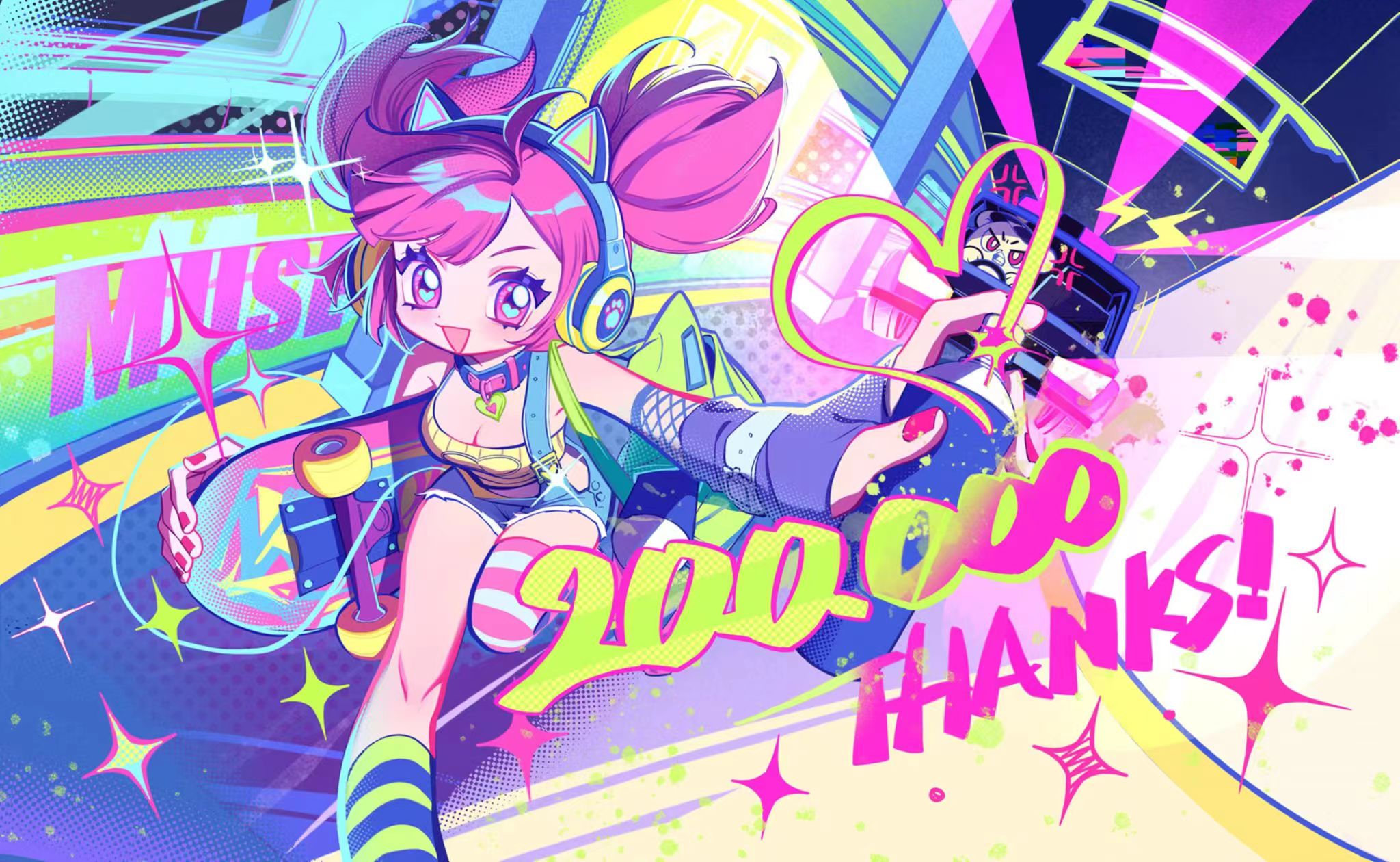 MuseDash Buro Marija Anime Girls Colorful Headphones Skateboard Choker Spray Can Heart Eyes Stars 2048x1260