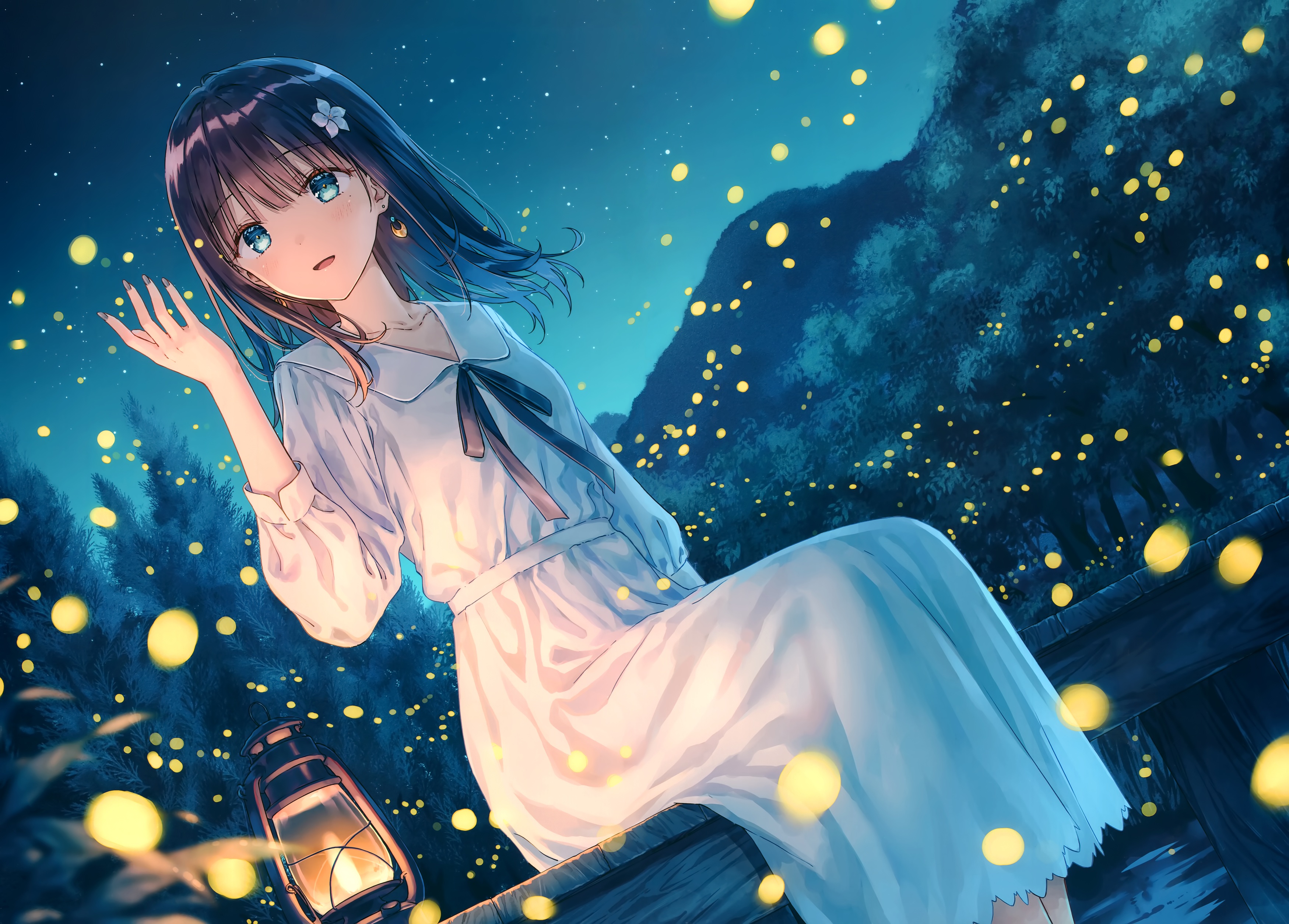 Hiten Anime Girls Dress White Dress Shoulder Length Hair Sky Dark Hair Blue Eyes Night Fireflies Sta 3500x2510