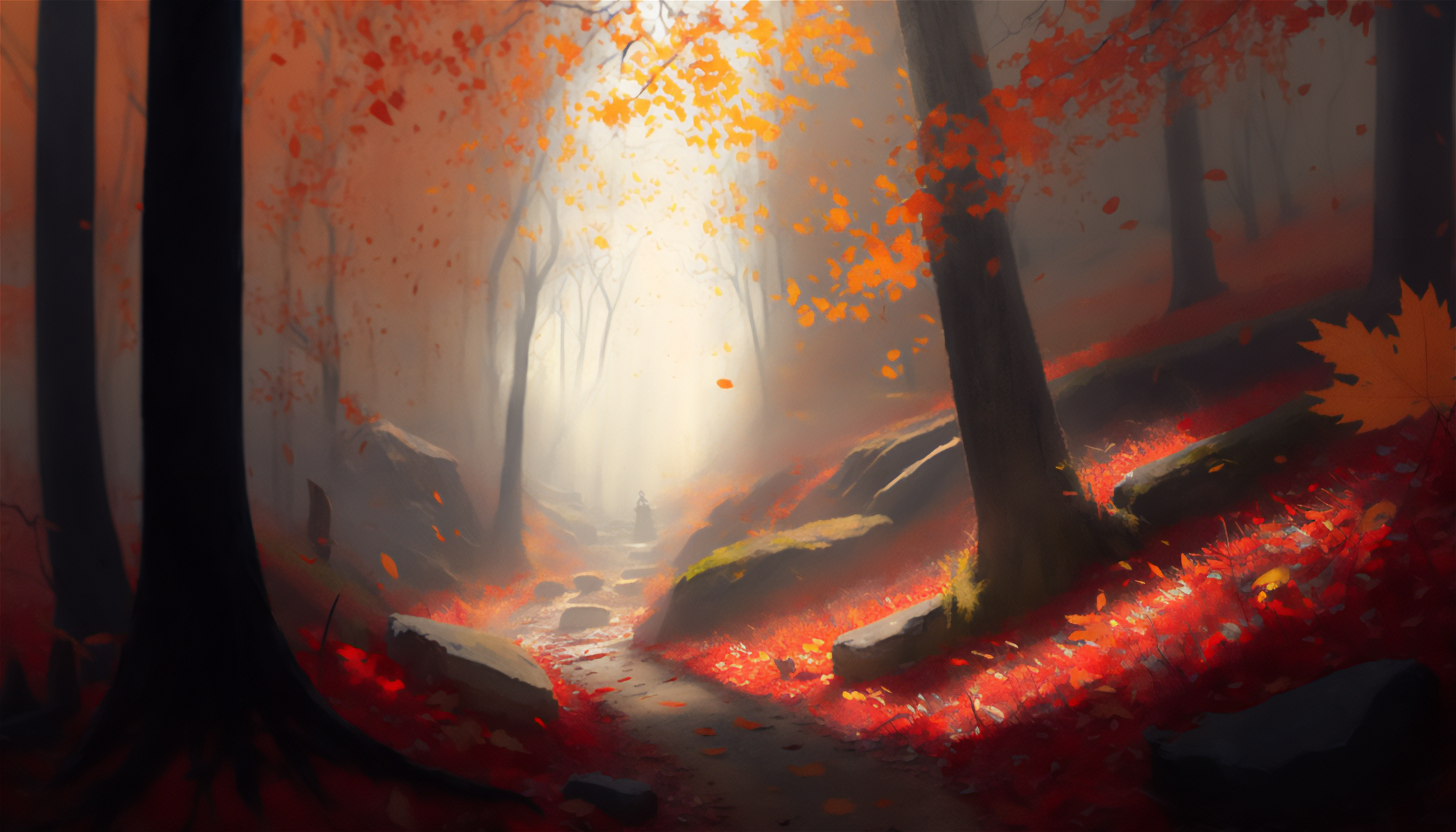 Ai Art Illustration Fall Forest Painting Nature Trees Leaves 3136x1792