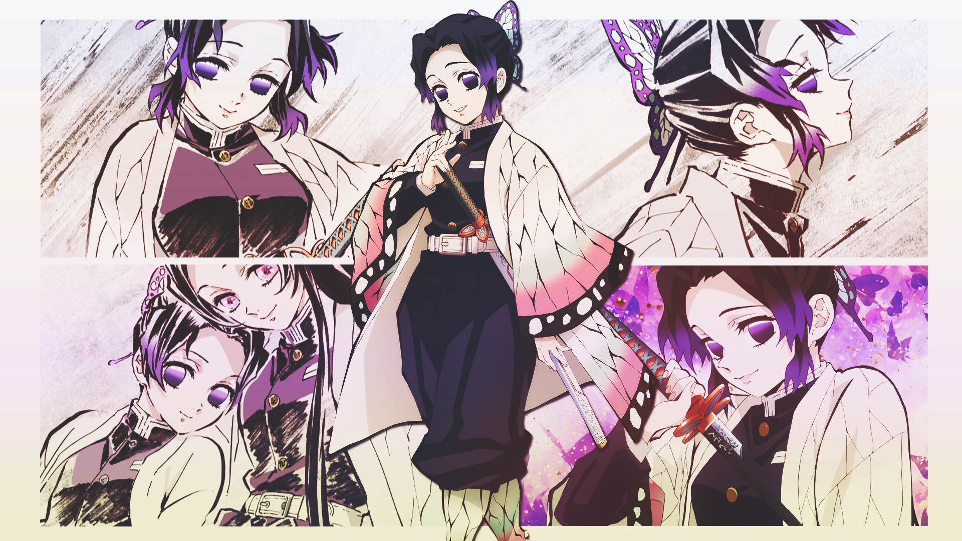 Anime Collage DinocoZero Anime Girls Kimetsu No Yaiba Uniform Purple Hair Purple Eyes Gradient Hair  1920x1080