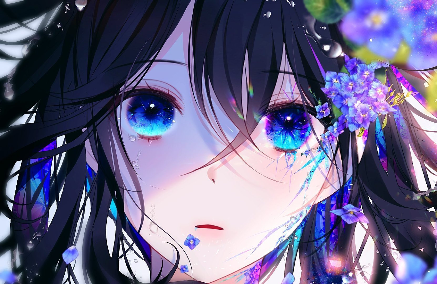11 Eyes EYE Divine Cybermancy 5 Eyes Anime Girls Flowers Blue Eyes Petals Frontal View Face 1663x1080
