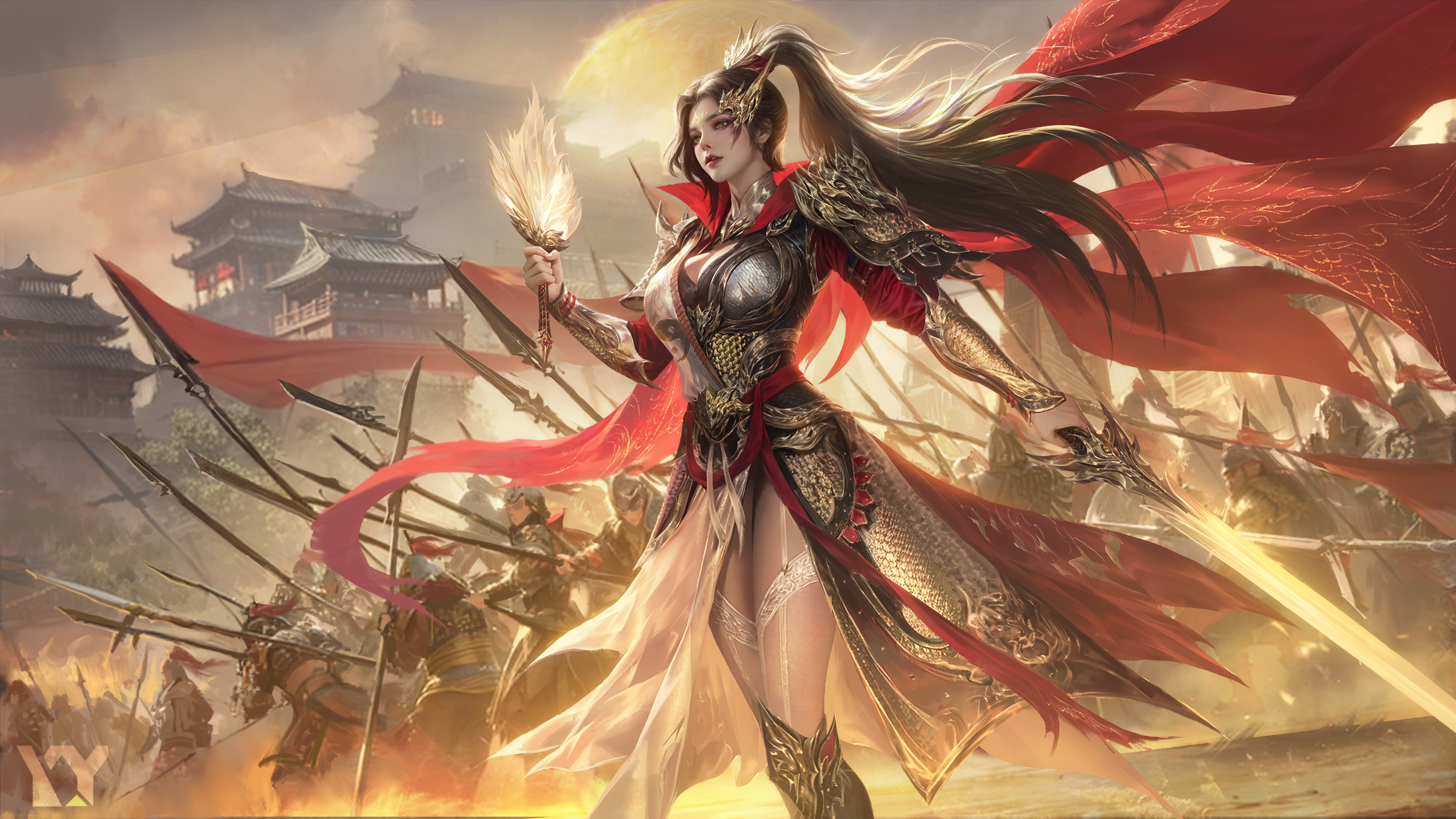 Character Design Warrior Women Women Outdoors Ponytail Long Hair Sword Weapon Armor Army Looking Awa 2500x1406