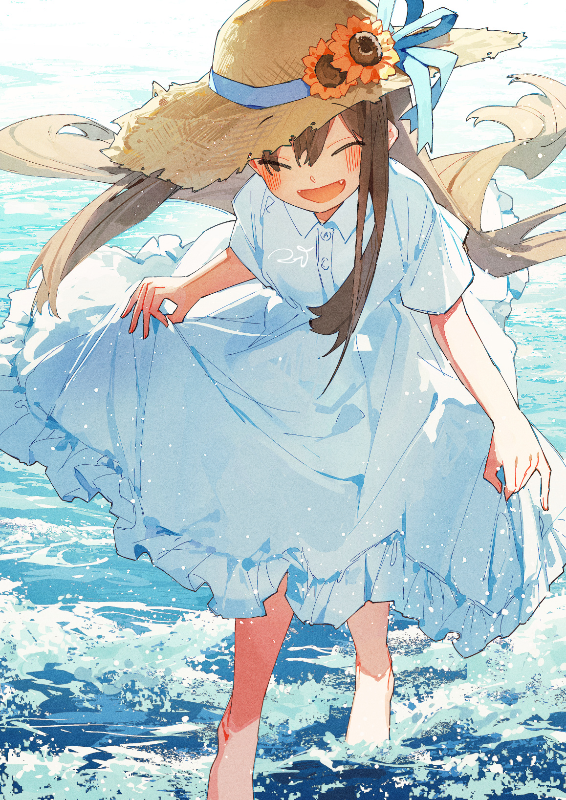 Anime Anime Girls Portrait Display Straw Hat Closed Eyes Long Hair Brunette Walking Water Standing I 1158x1637