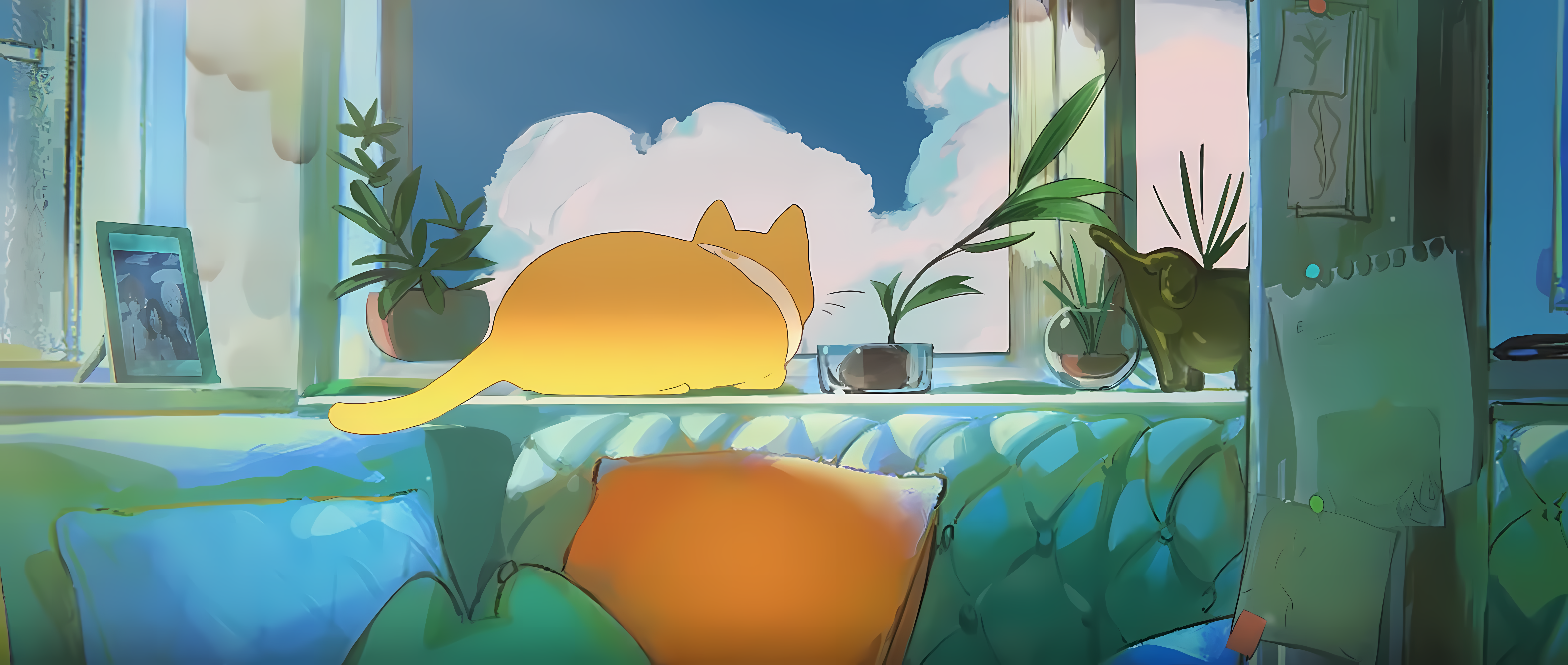 Clouds Plant Pot Cats Plants Couch Window Anime Boys Anime Girls Animals 7680x3256