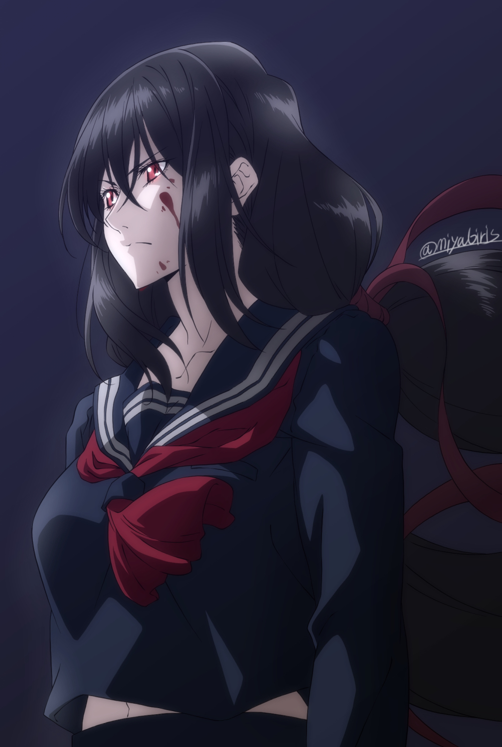 Anime Anime Girls Blood C Kisaragi Saya Long Hair Black Hair Solo Artwork Digital Art Fan Art Red Ey 1007x1500