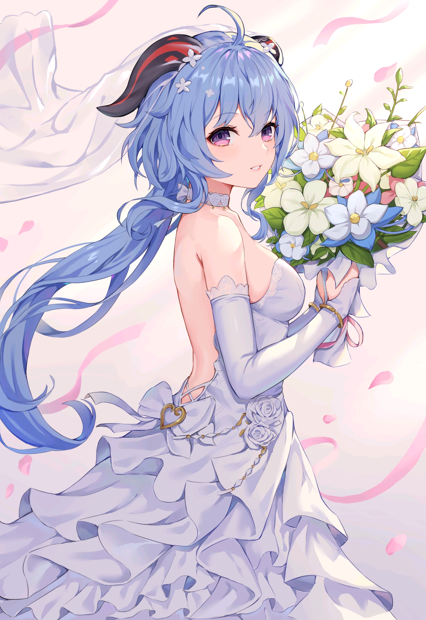 Anime Anime Girls Ganyu Genshin Impact Genshin Impact Wedding Dress Flowers Blue Hair Long Hair Whit 1468x2138