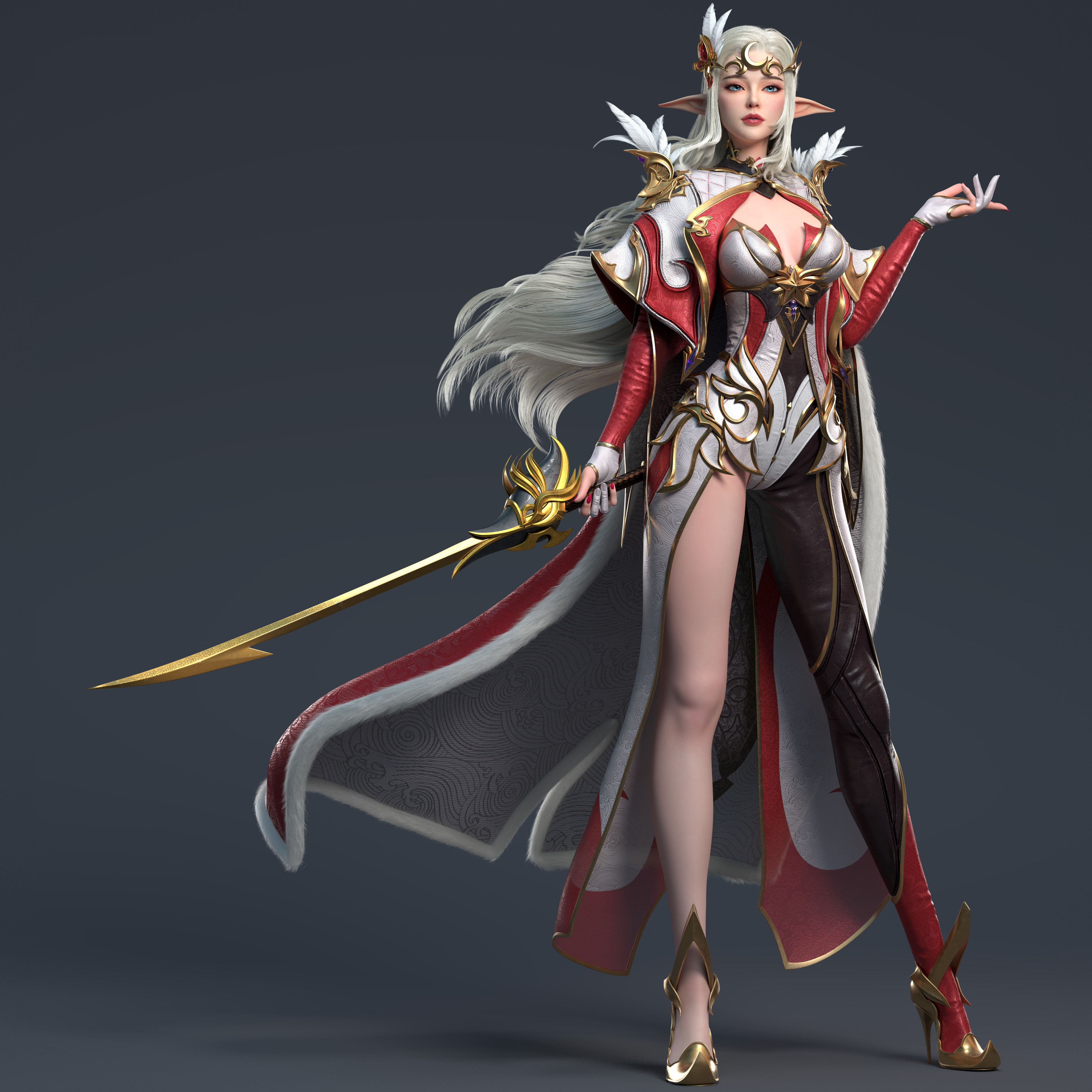 Xi He CGi Women Silver Hair Long Hair Elves Warrior Armor Cape High Heels Weapon Sword Shadow 3840x3840