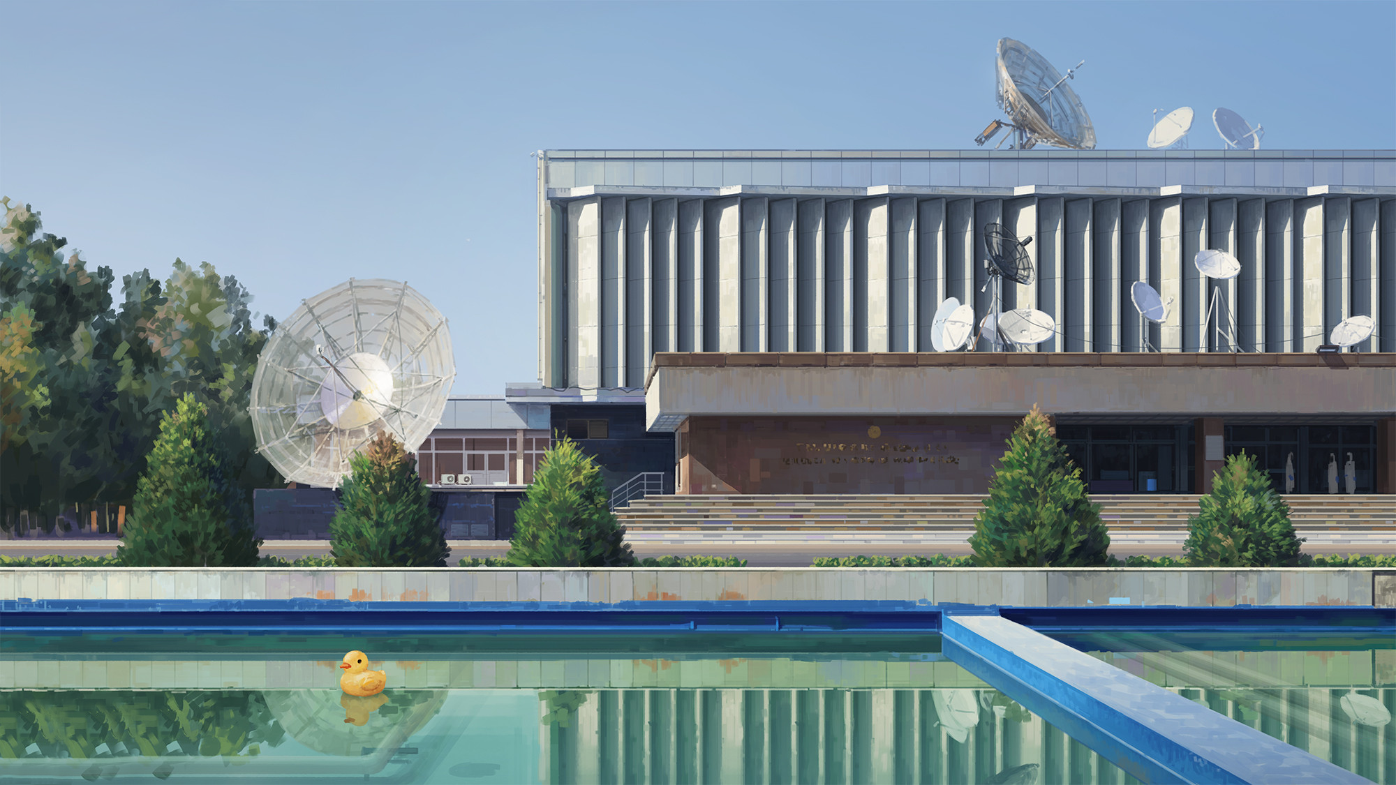 Architecture Rubber Ducks Swimming Pool Satellite Painting Modern Water Reflection Trees Sky 2000x1125