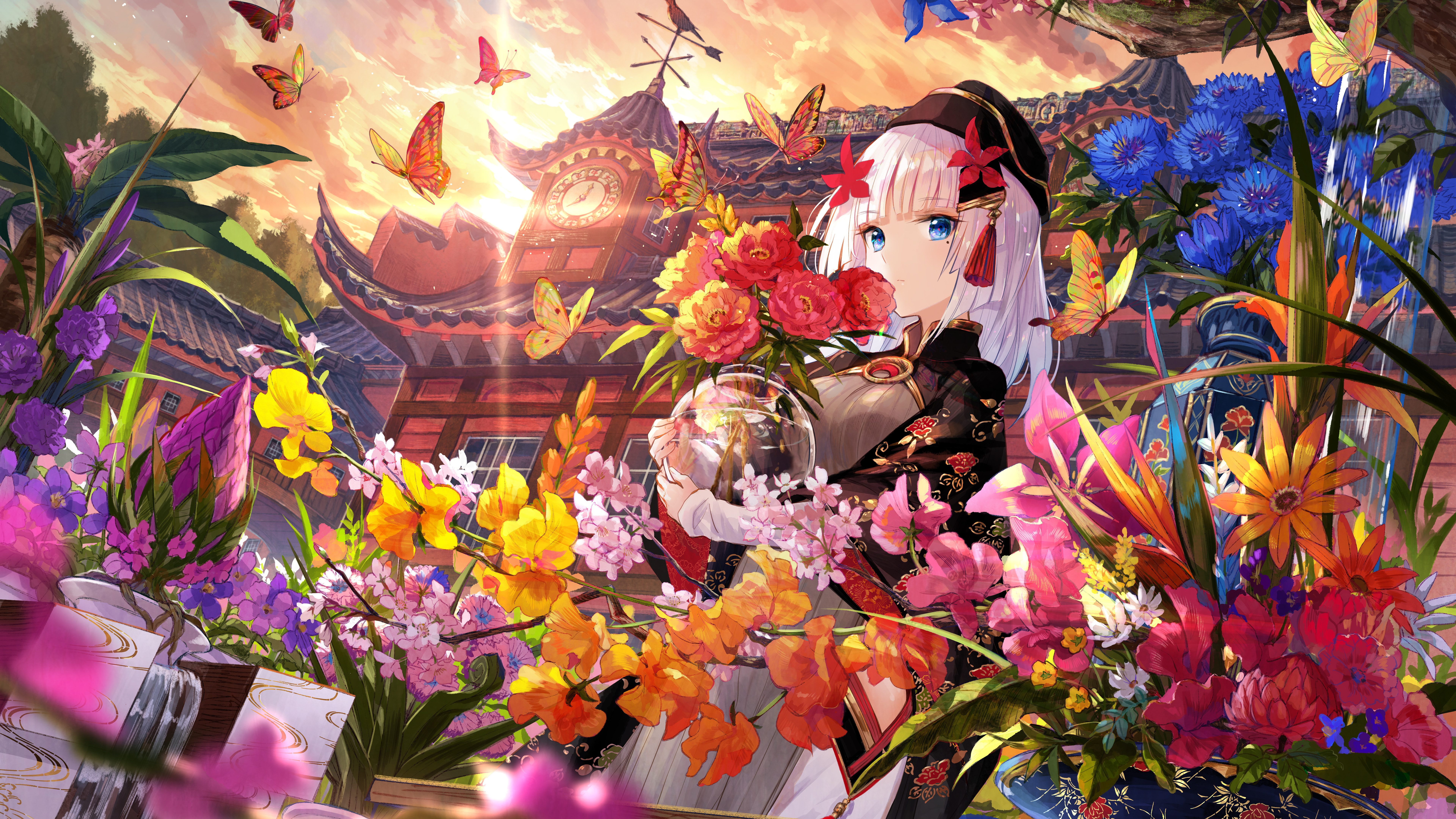 Anime Girls Flowers Butterfly Rose Plants 7680x4320