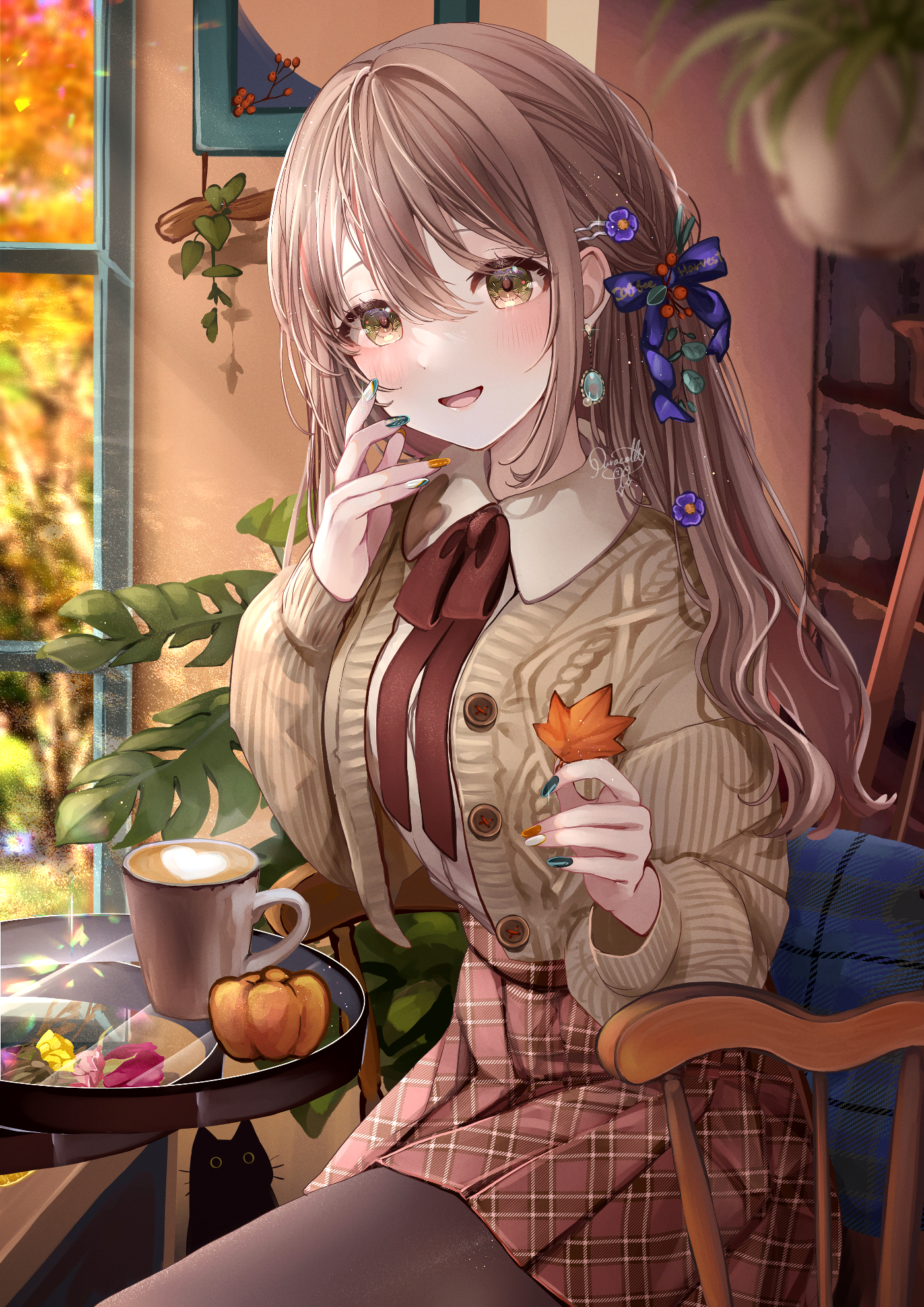 Anime Anime Girls Portrait Display Sitting Indoors Women Indoors Latte Drink Cup Looking At Viewer L 1400x1980