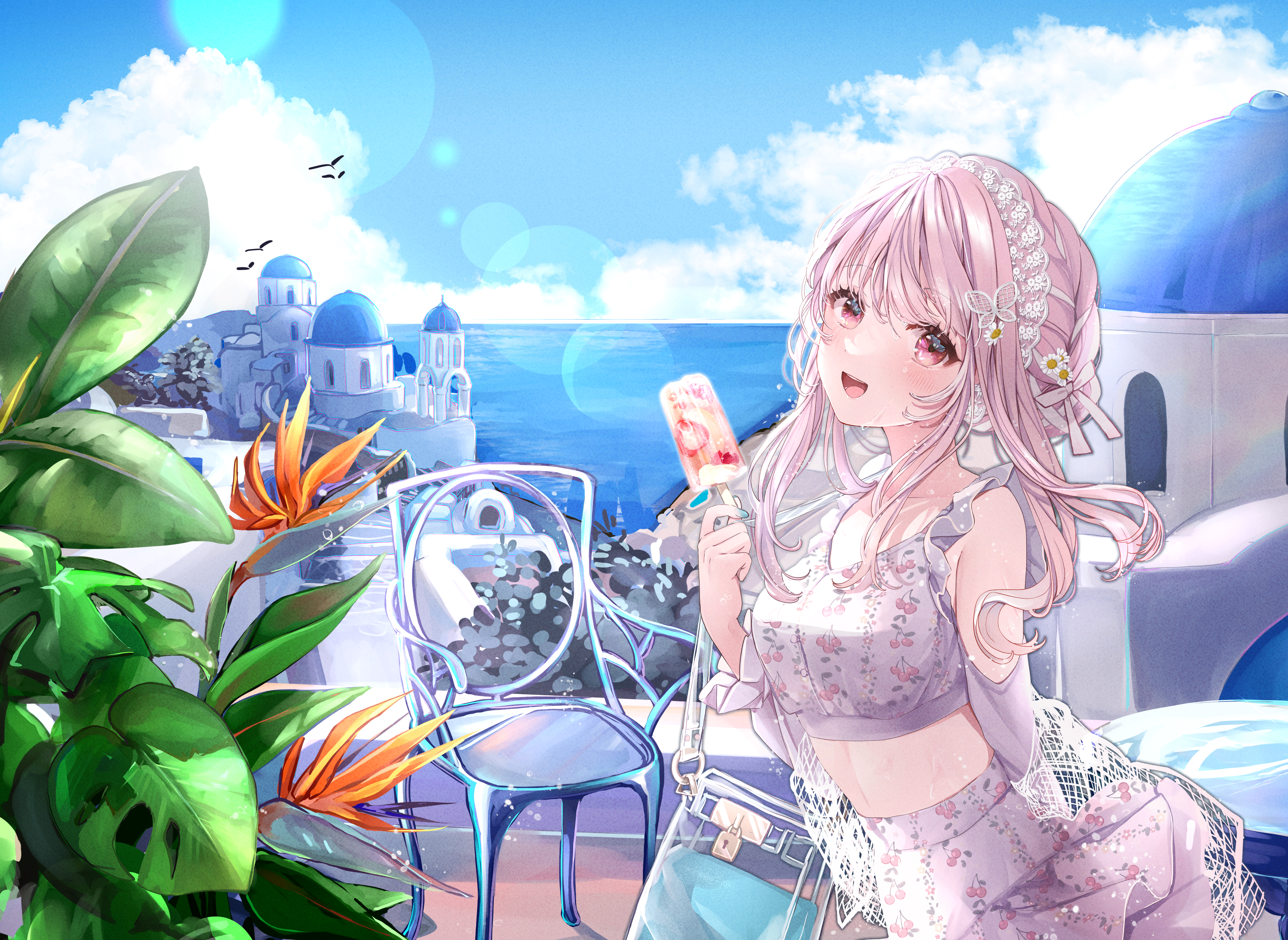 Anime Anime Girls Blushing Popsicle Sky Water Clouds Building Leaves Standing Looking At Viewer Purs 5303x3870