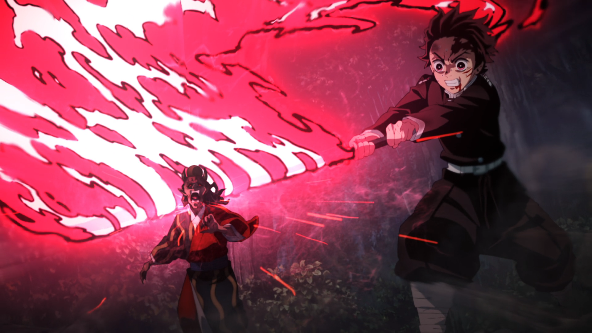 Kimetsu No Yaiba Kamado Tanjiro Sword Demon Demon Face Fire Forest Trees Anime Anime Screenshot Anim 1920x1080