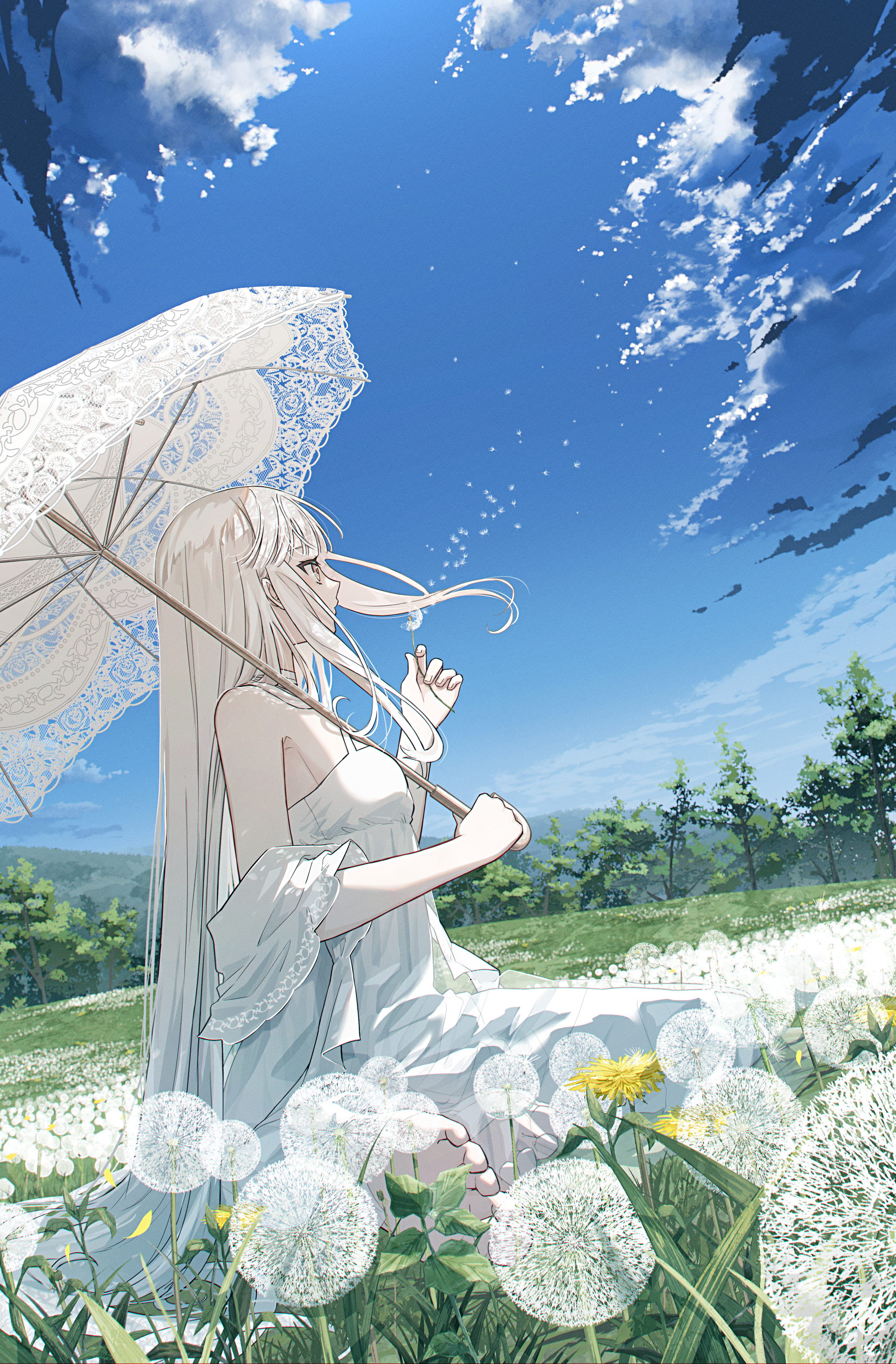 Original Characters Anime Girls Vertical Long Hair White Hair White Dress Umbrella Looking Away Clou 1875x2853
