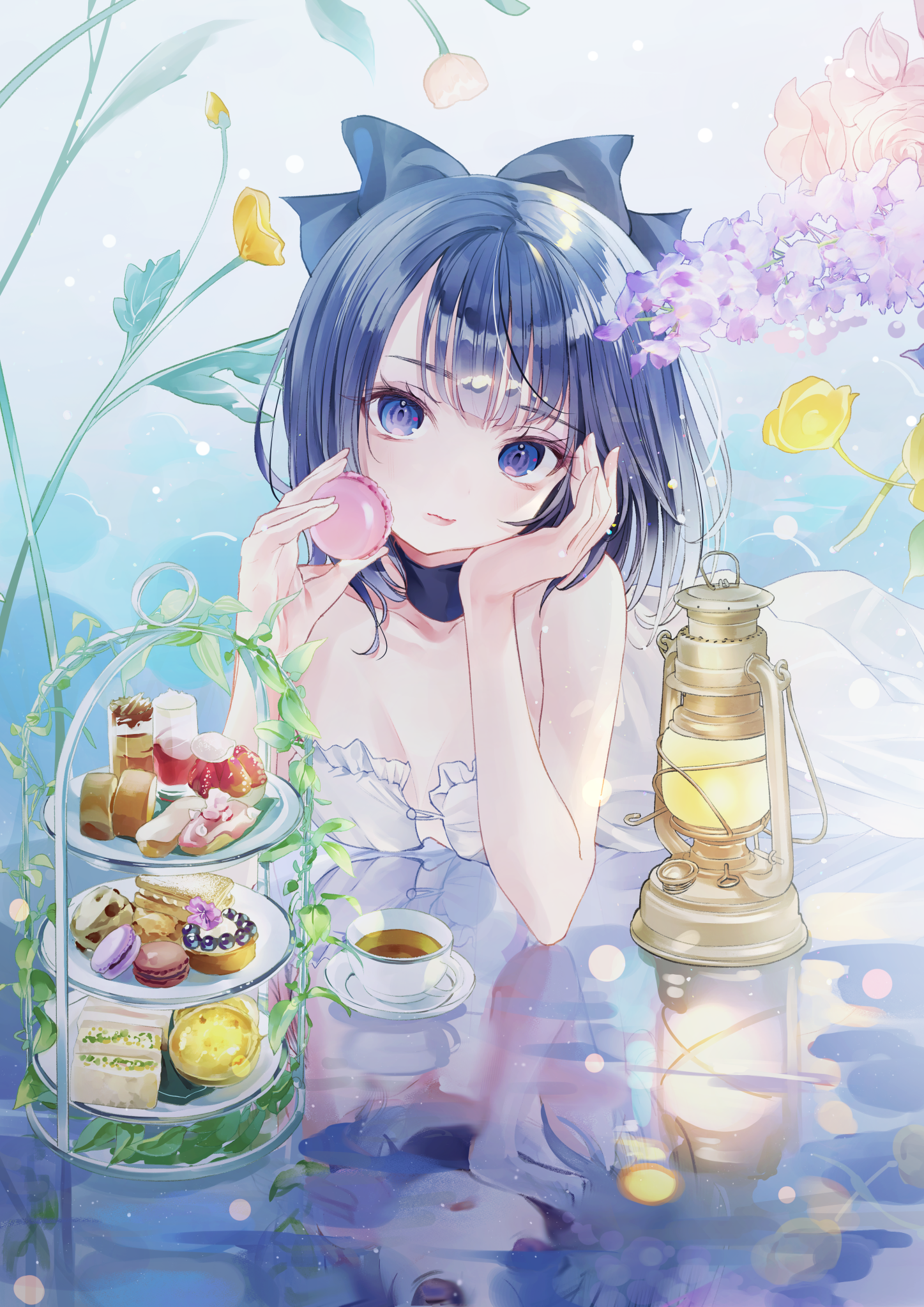 Pixiv Anime Anime Girls Nabi Virtual Youtuber Sweets Macarons Tea Cup Looking At Viewer Short Hair P 1447x2046