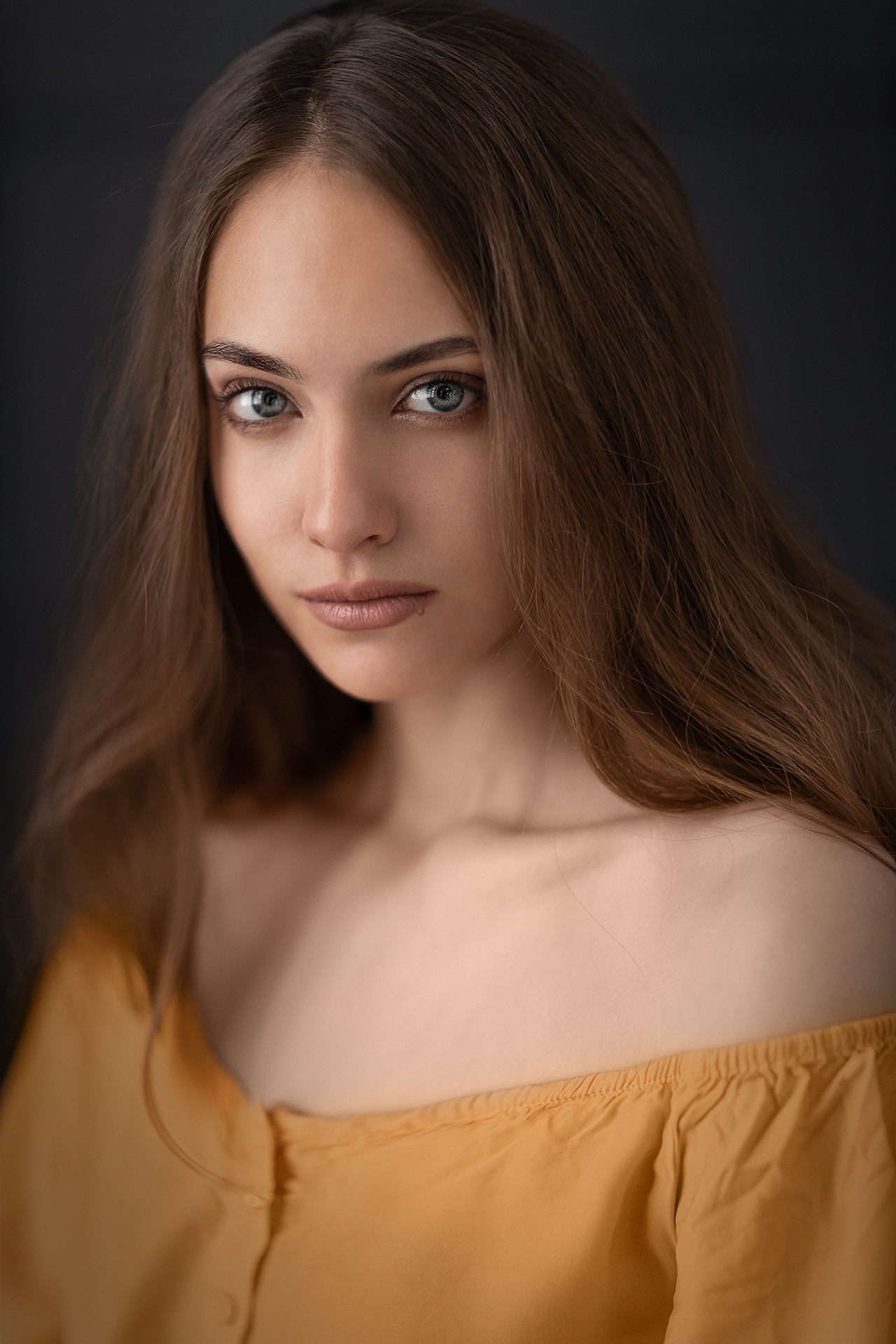 Mikhail Mikhailov Women Brunette Long Hair Blue Eyes Looking At Viewer Bare Shoulders Yellow Clothin 1280x1920