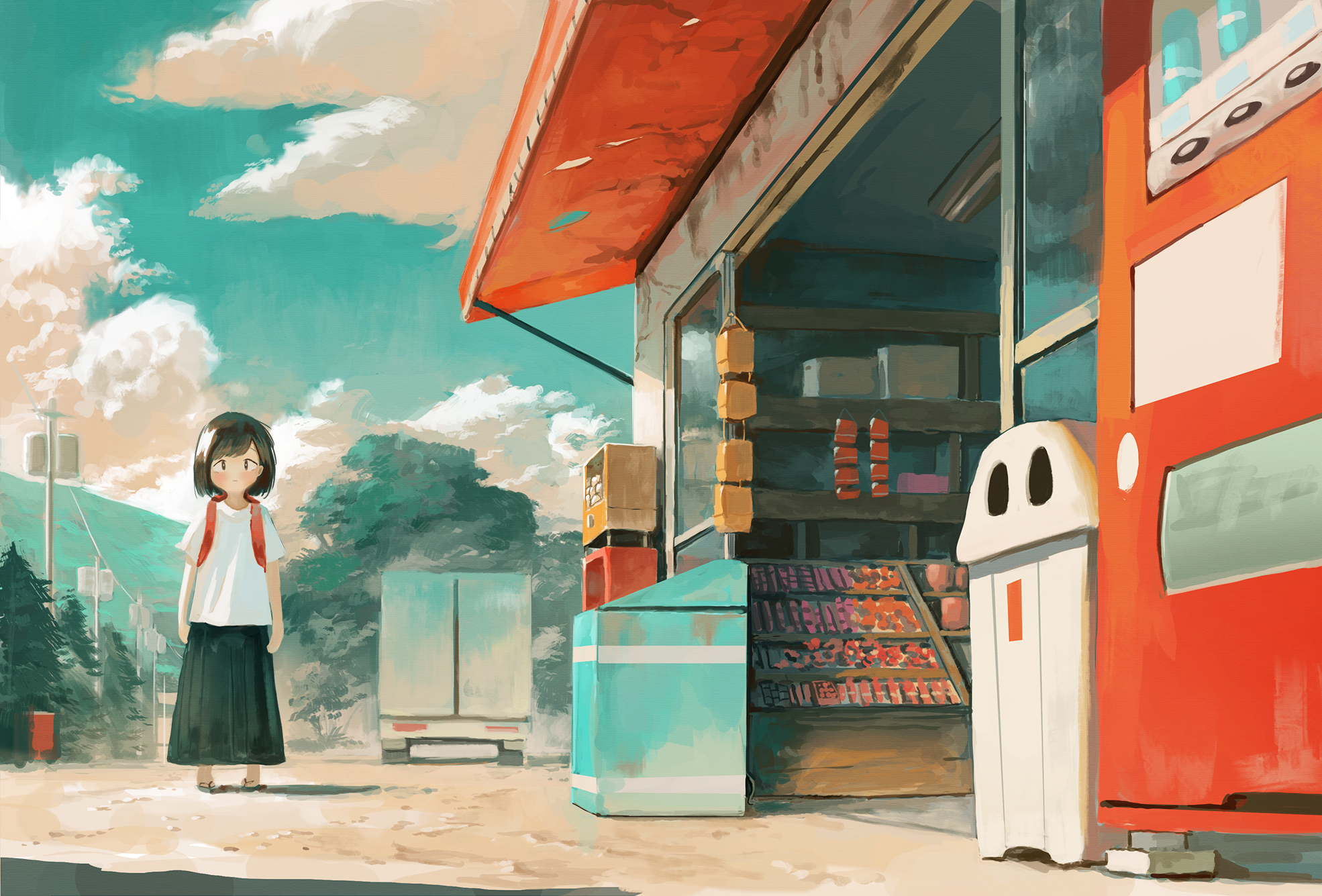 Anime Anime Girls Vending Machine Schoolgirl School Uniform Clouds Stores 1970x1335