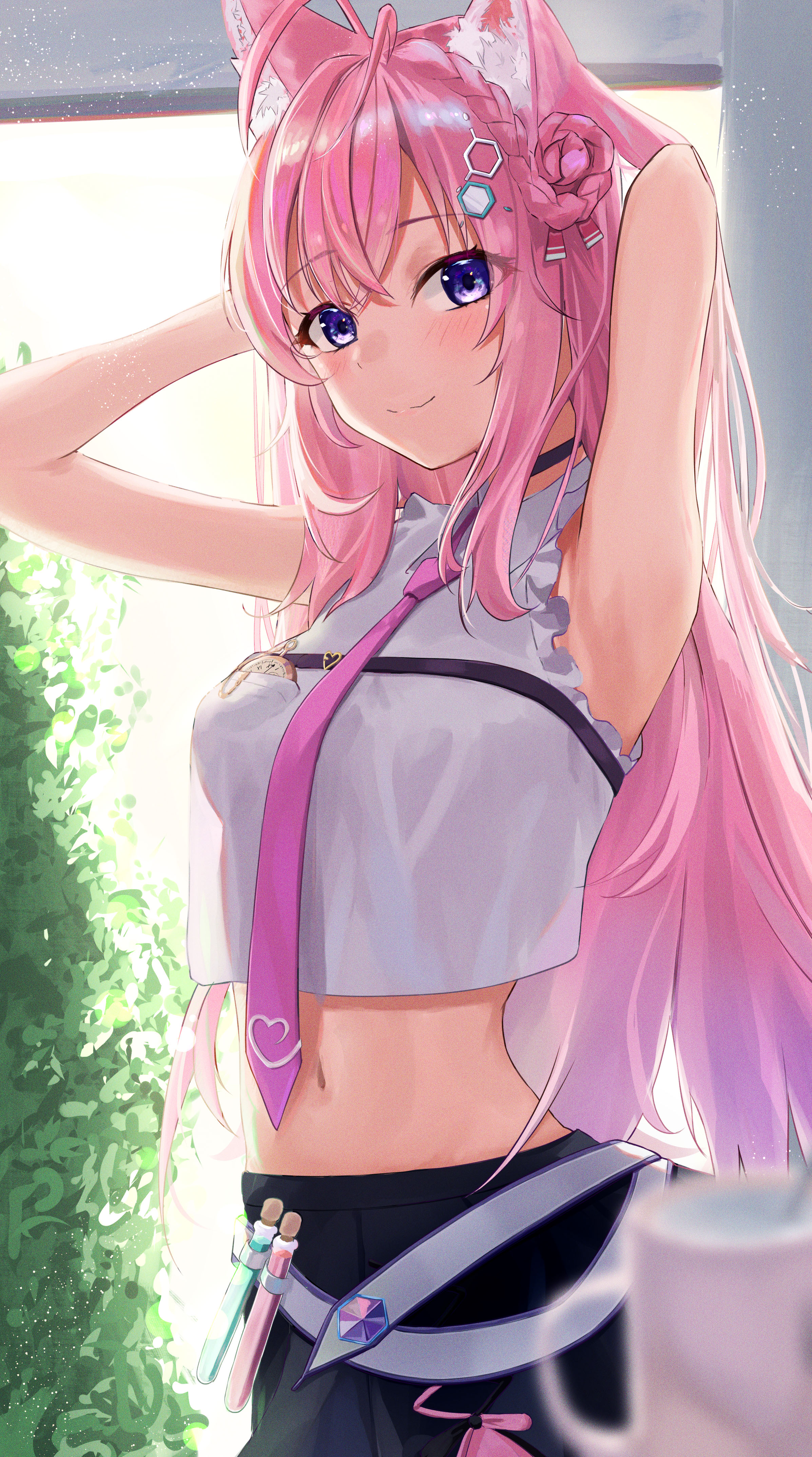 Anime girl with pink hair show v-sign Royalty Free Vector