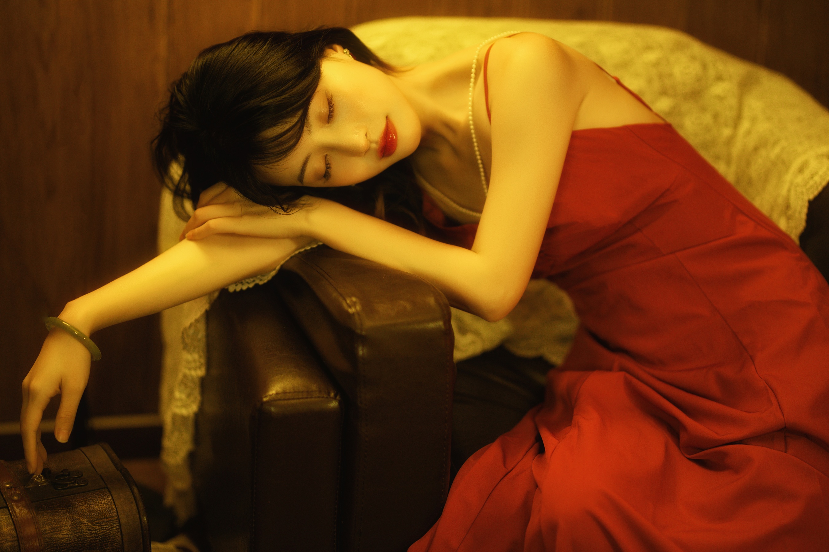 Women Asian Chinese Model Dark Hair Red Dress Women Indoors Closed Eyes Resting Head 2700x1800