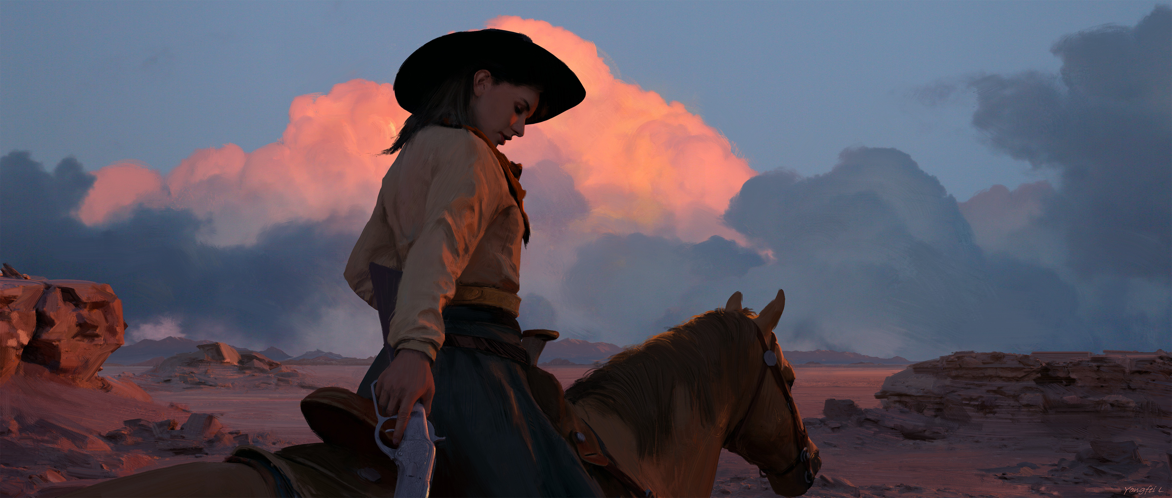 Yongfei Liu Digital 2D Digital Art Artwork Illustration Western Cowgirl Horse Women Oil Painting Gun 3840x1633