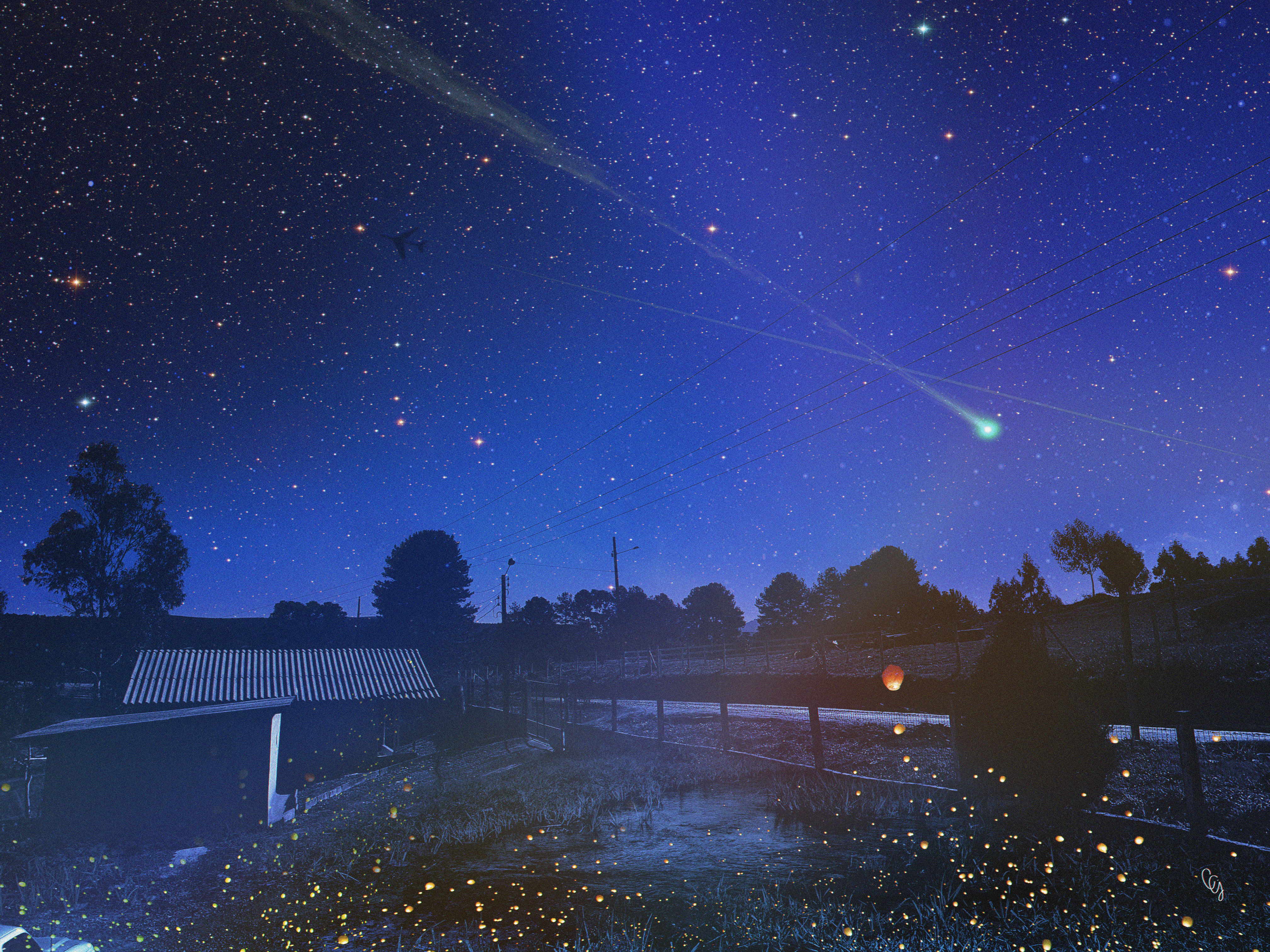 Stars Night Rural House Lightning Bug Midnight 4032x3024
