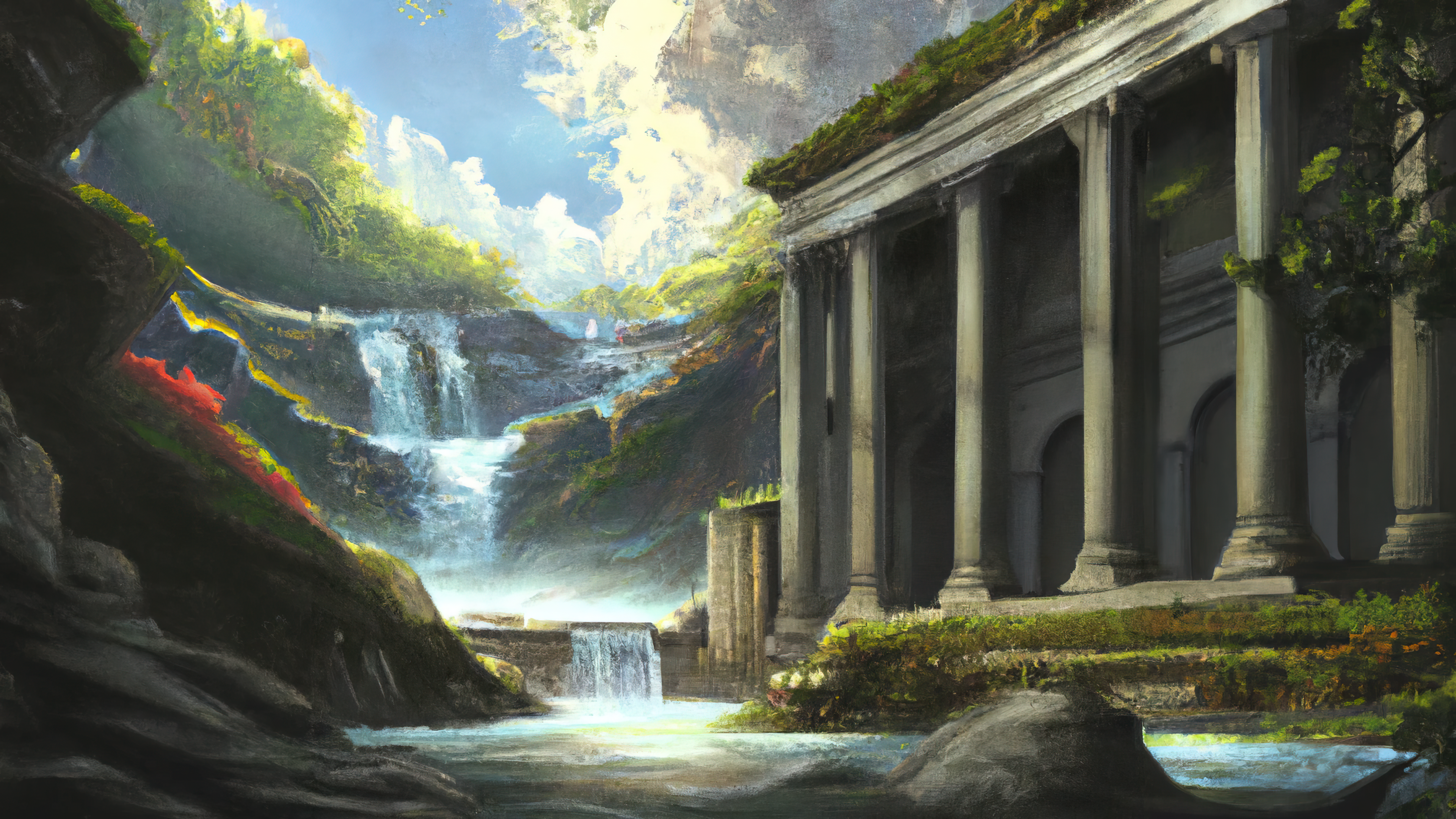 Ai Art Ai Painting Painting Temple Ancient Temple Waterfall Rome Ancient Rome Greece Ancient Greece  3840x2160