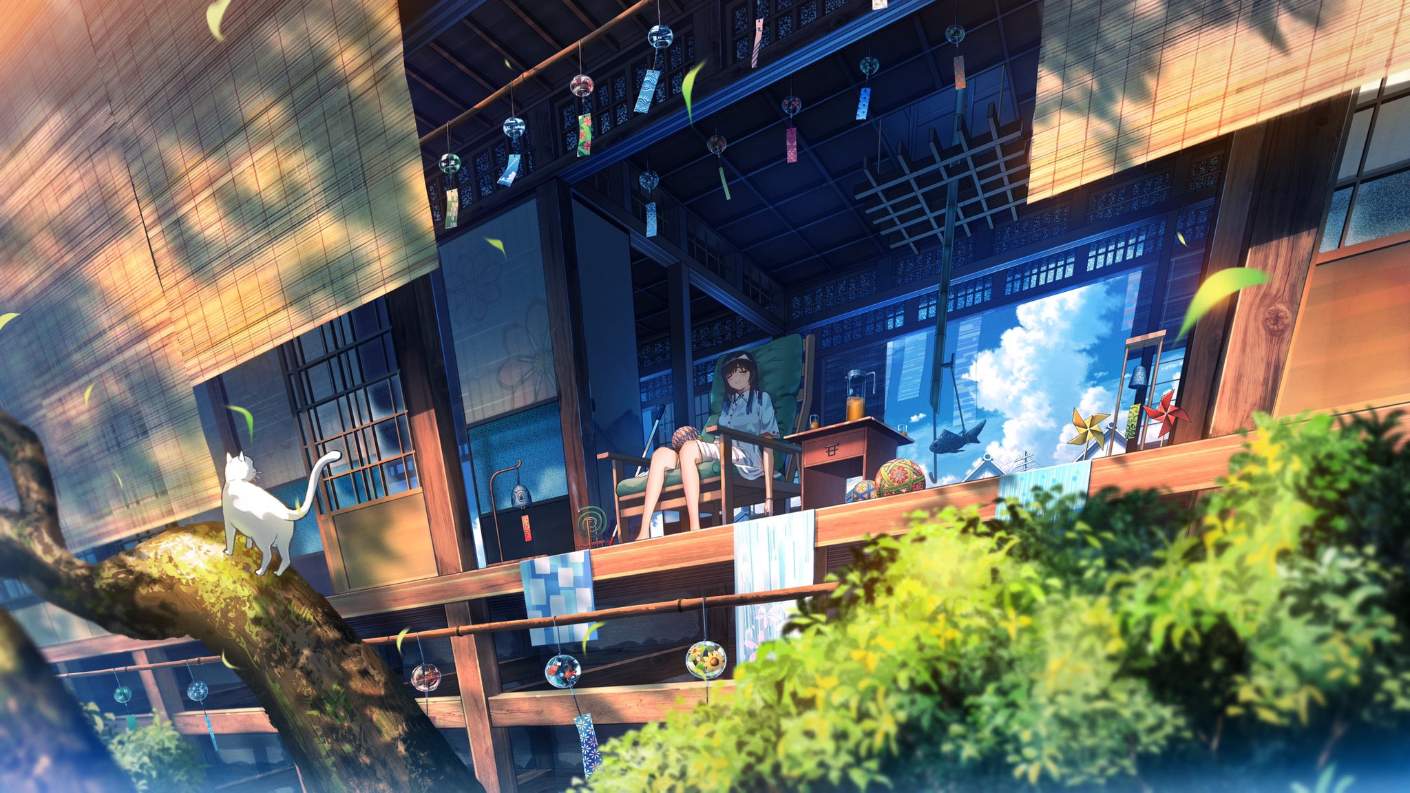Anime Girls Porch Summer Cats Branch Trees Clouds Sleeping Wind Chimes Leaves Closed Eyes Animals 2048x1152