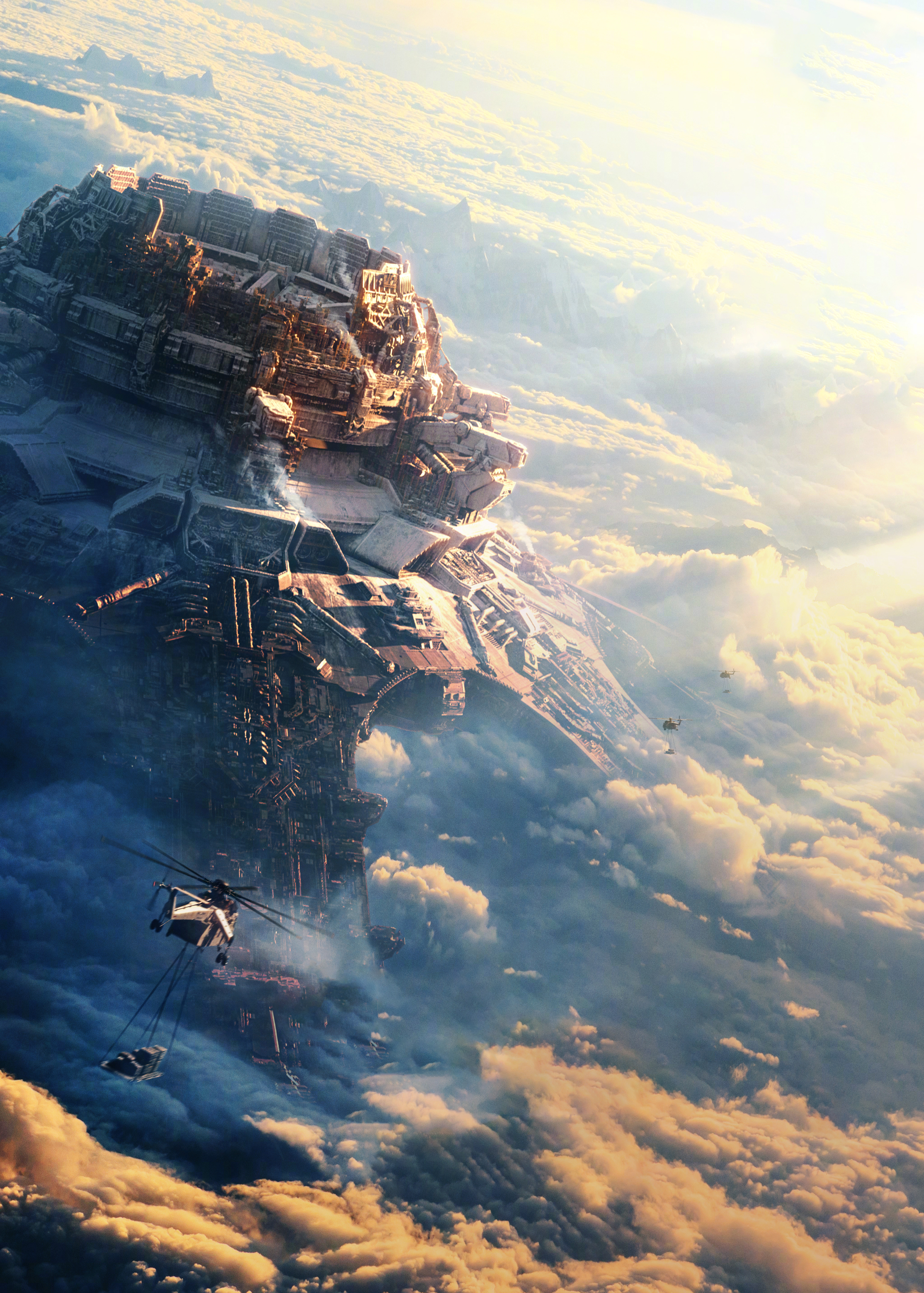 The Wandering Earth 2 Earth Engine Helicopters Vertical Digital Art Futuristic Clouds 4343x6074