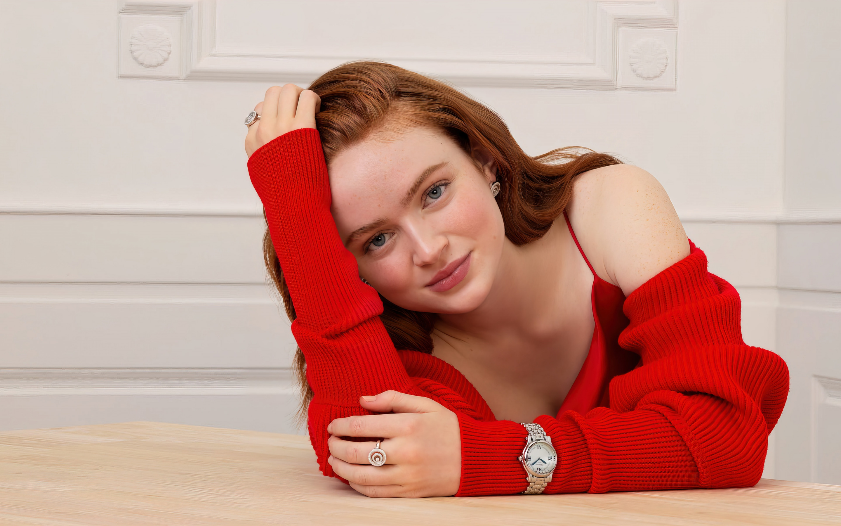 Model Red Lipstick Blue Eyes Red Sweater Hands In Hair Studio Women Sadie Sink 2880x1800