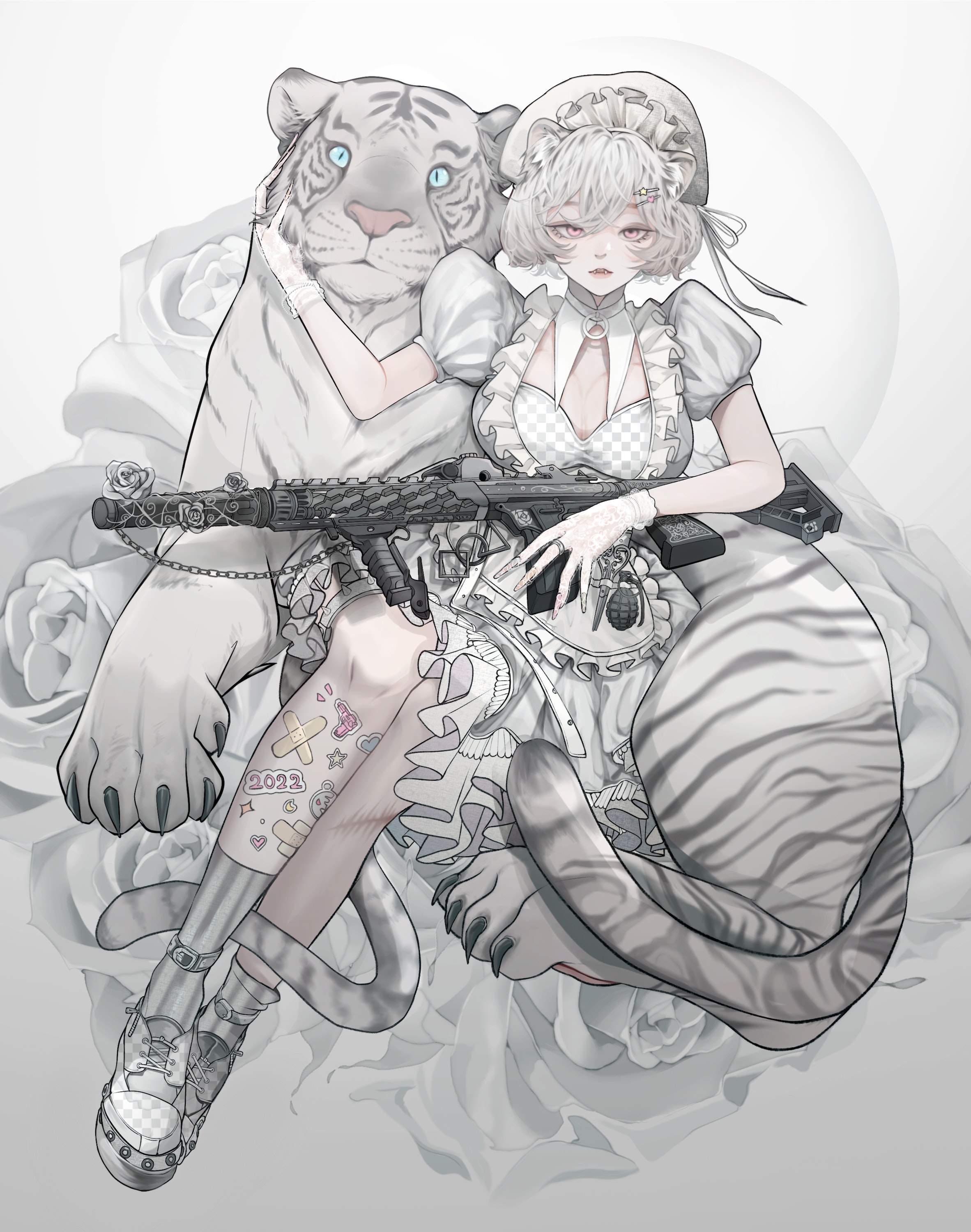 Myrica Anime Anime Girls Digital Art Illustration Women Tiger White Tigers Animals Weapon White Sitt 2364x3000