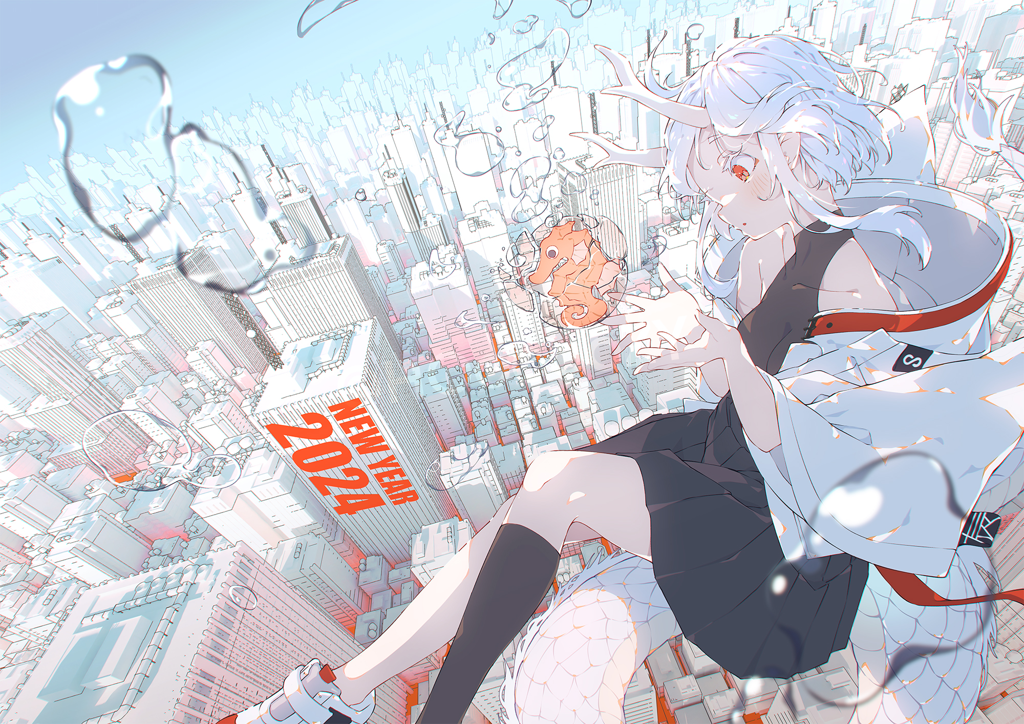 Anime Anime Girls City Falling Building Clear Sky Cityscape Water Drops Antlers Skyscraper New Year  2000x1414