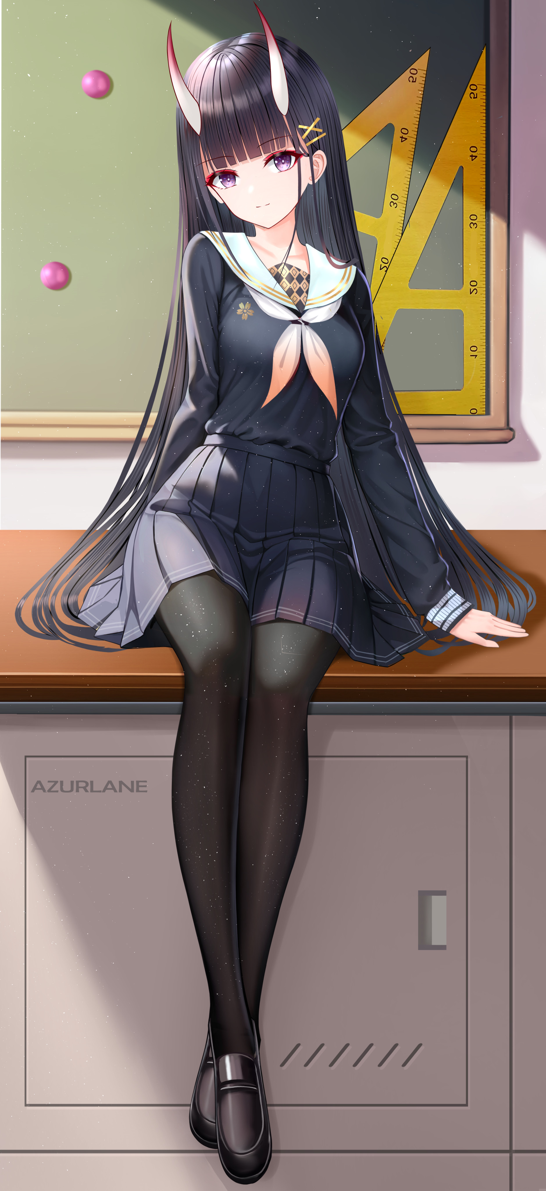 Anime Anime Girls Azur Lane Noshiro Azur Lane Vertical Schoolgirl School Uniform Horns Long Hair 1878x4098