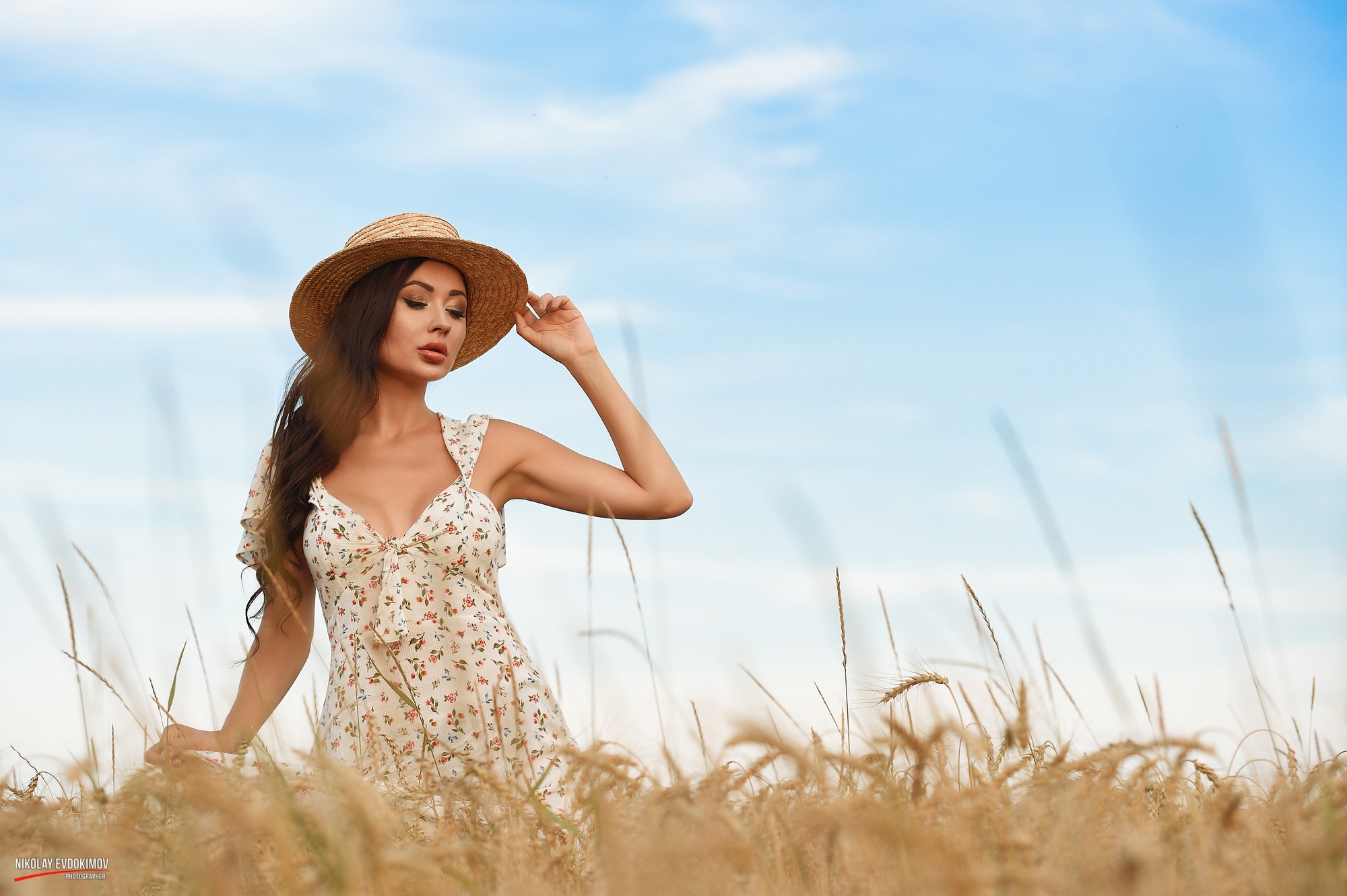 Nikolay Evdokimov Dress Summer Dress Sky Women Outdoors Clouds Wheat Straw Hat Nature Brunette Women 2000x1331