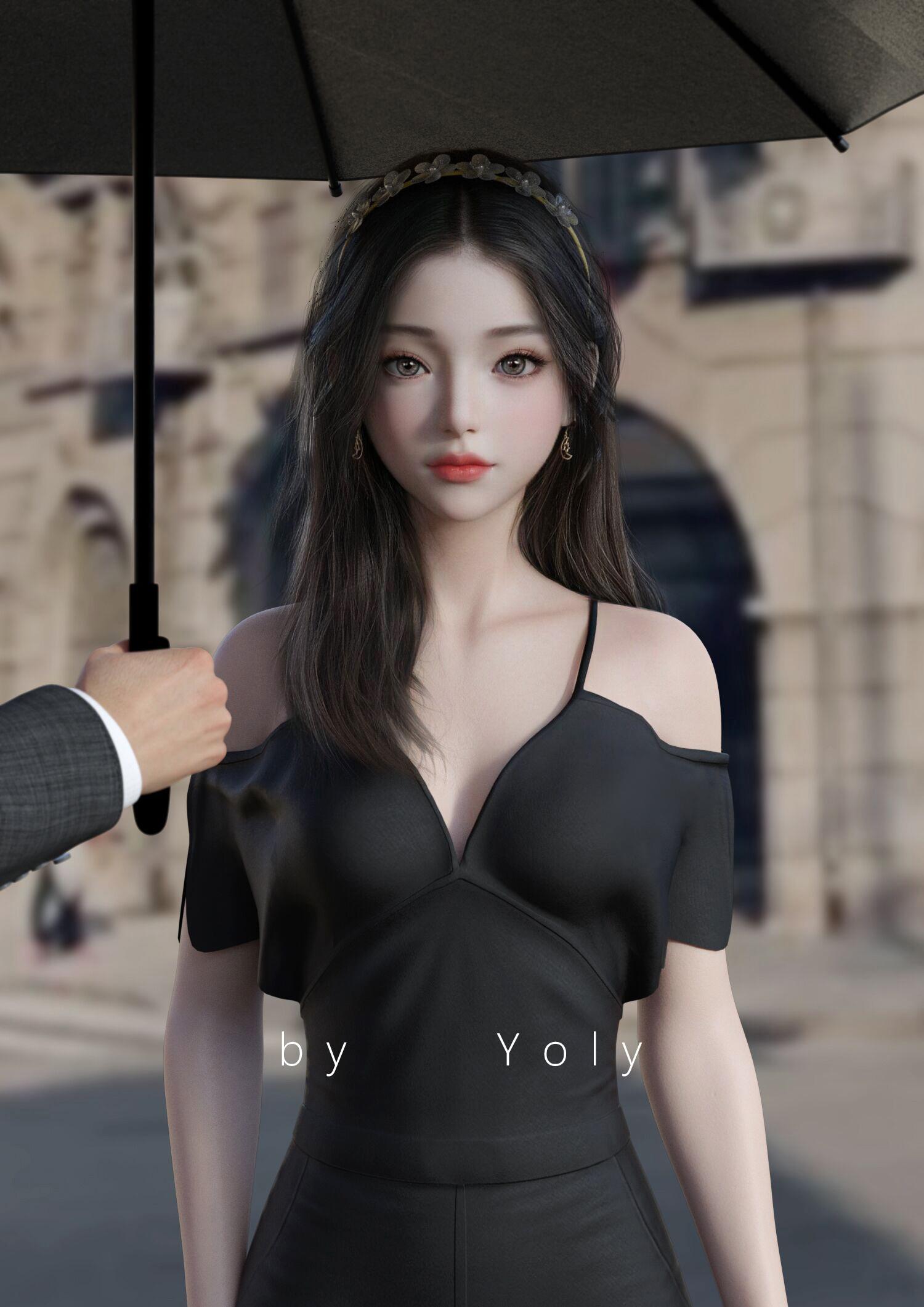 CGi Digital Art Asian Yoly Women Long Hair Black Hair Skirt Umbrella Dress 1500x2121