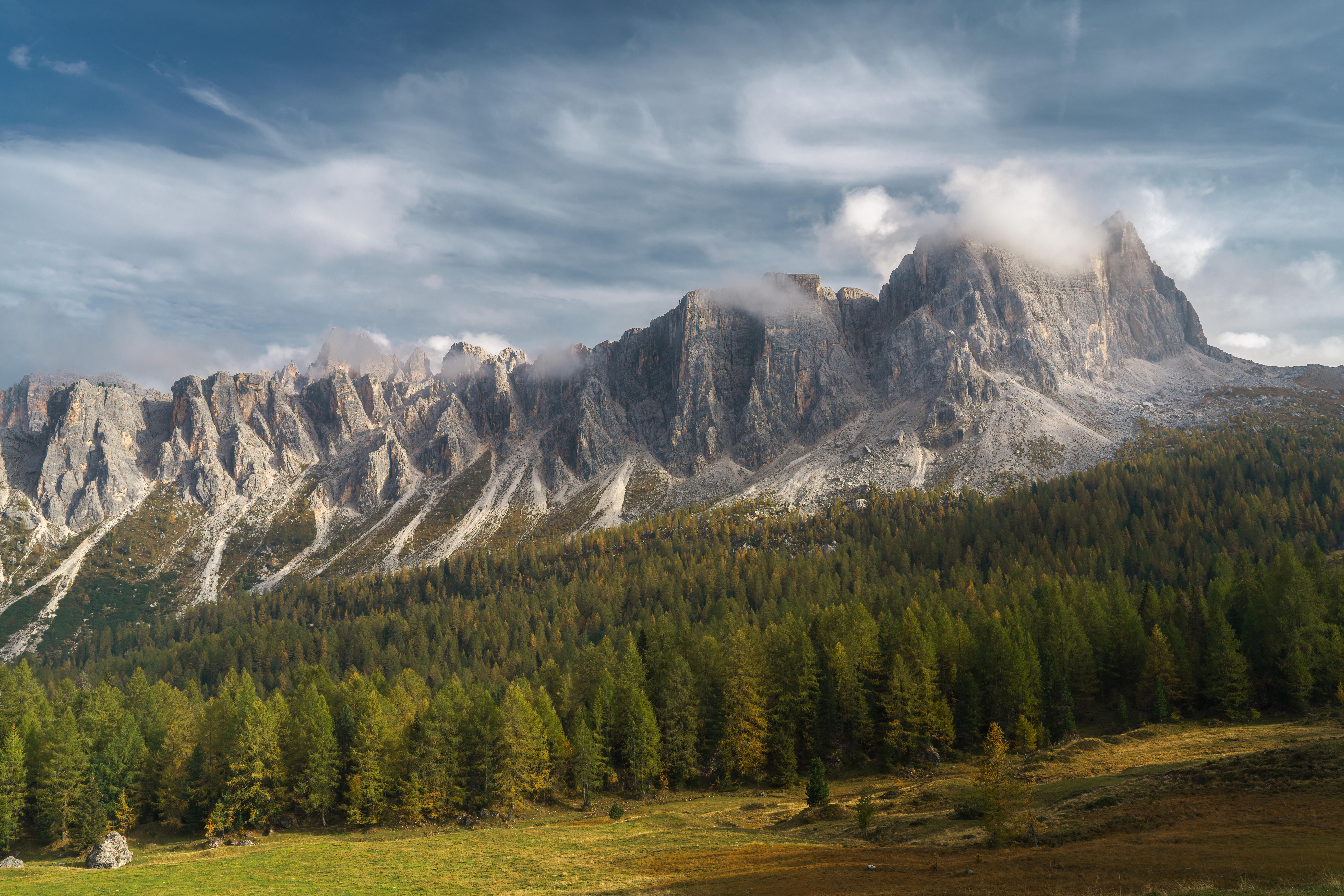 Landscape Nature Dolomites Alps Italy Europe Mountains Cliff Forest Field Clouds 7952x5304