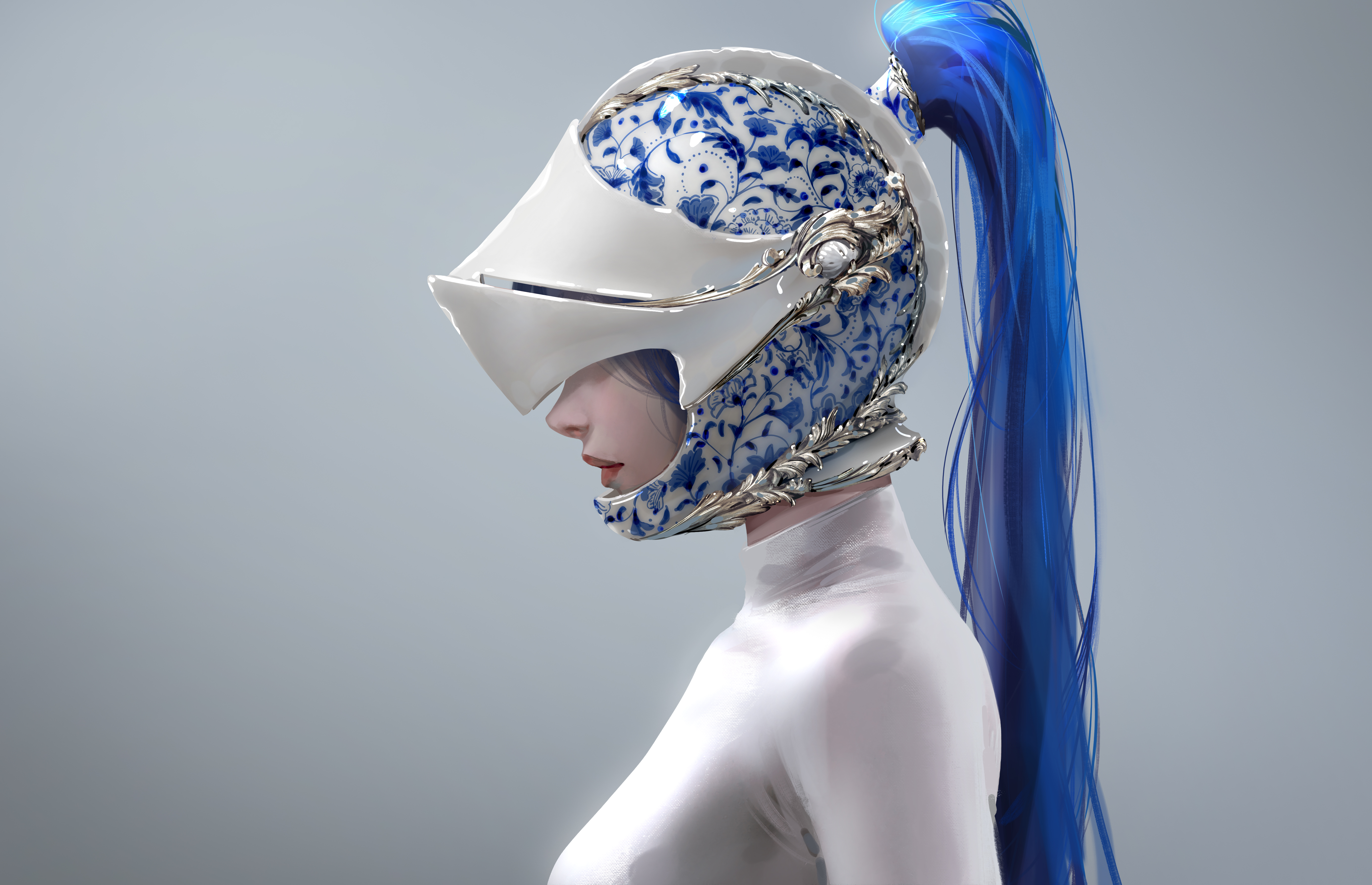 Nixeu Digital Art Artwork Illustration Minimalism Blue Hair Simple Background Helmet Profile Women W 5427x3501