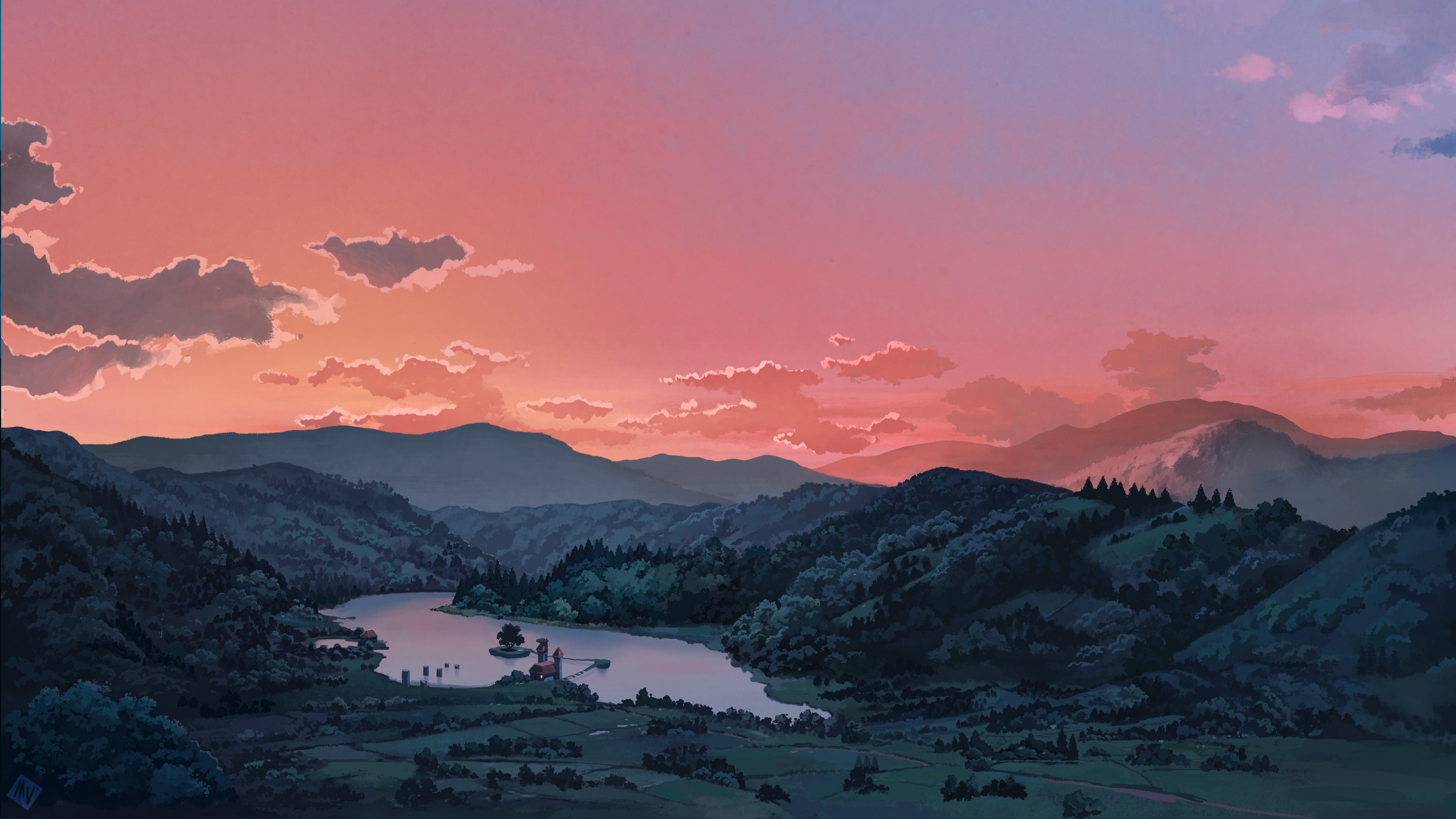 Matt Vince Digital Art Artwork Illustration Landscape Lake Forest Clouds Sunset Nature Mountains Tre 3840x2160