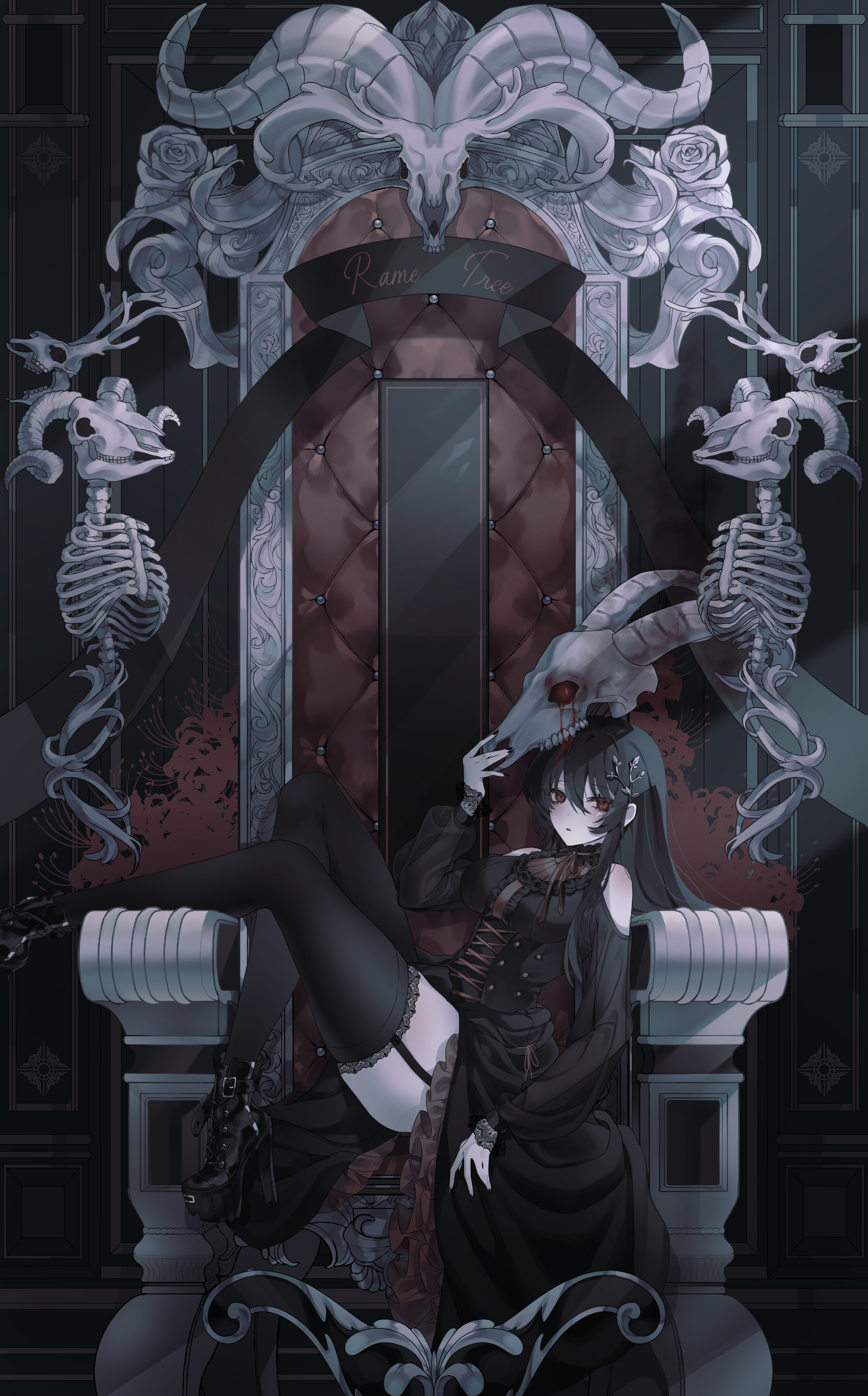 Anime Anime Girls Pixiv Original Characters Gothic Lolita Throne Bones Looking At Viewer Portrait Di 2456x3950