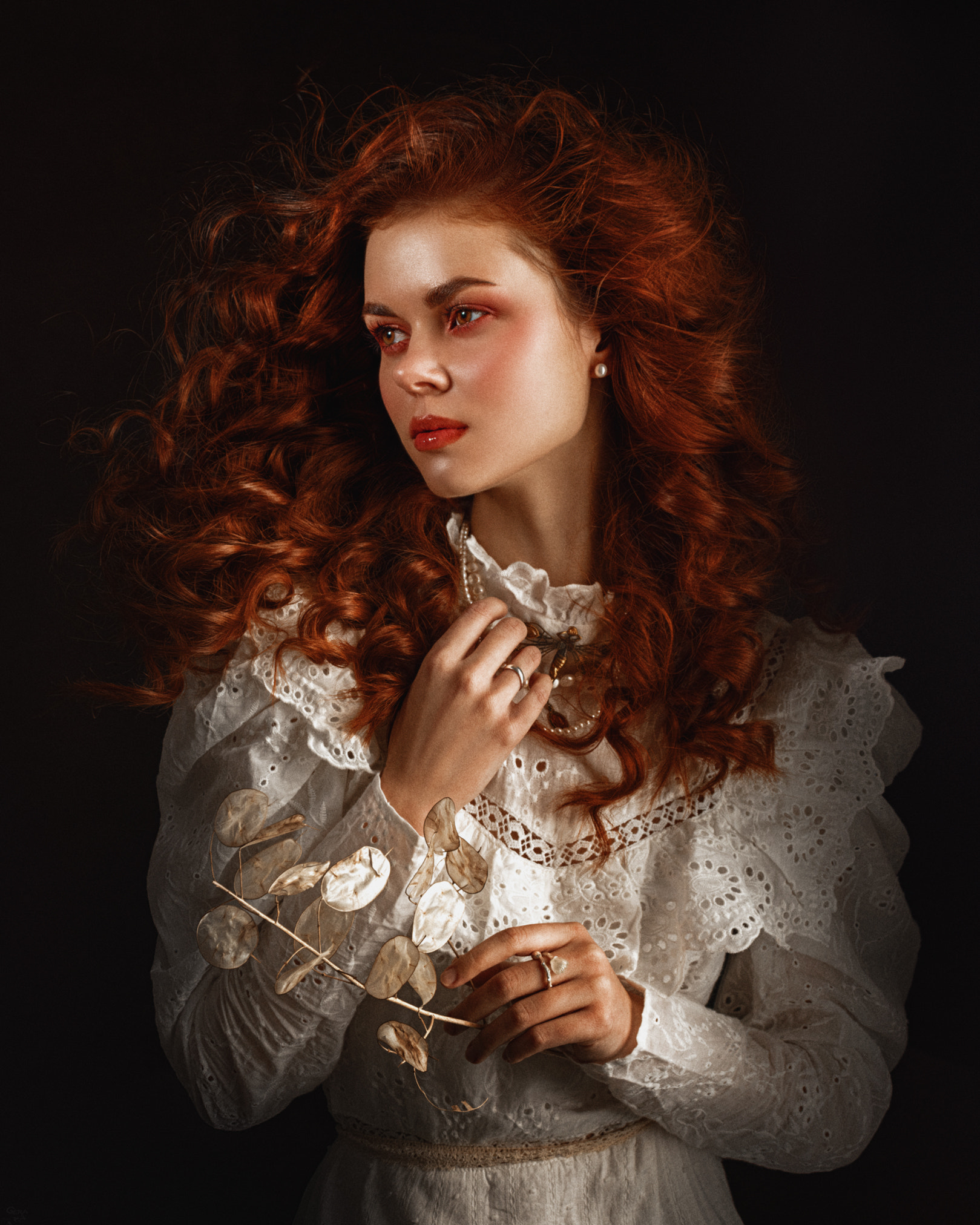 Women Viktoria Ageeva Redhead Long Hair Dress Leaves Makeup Lipstick Curly Hair White Clothing Dark  1619x2024