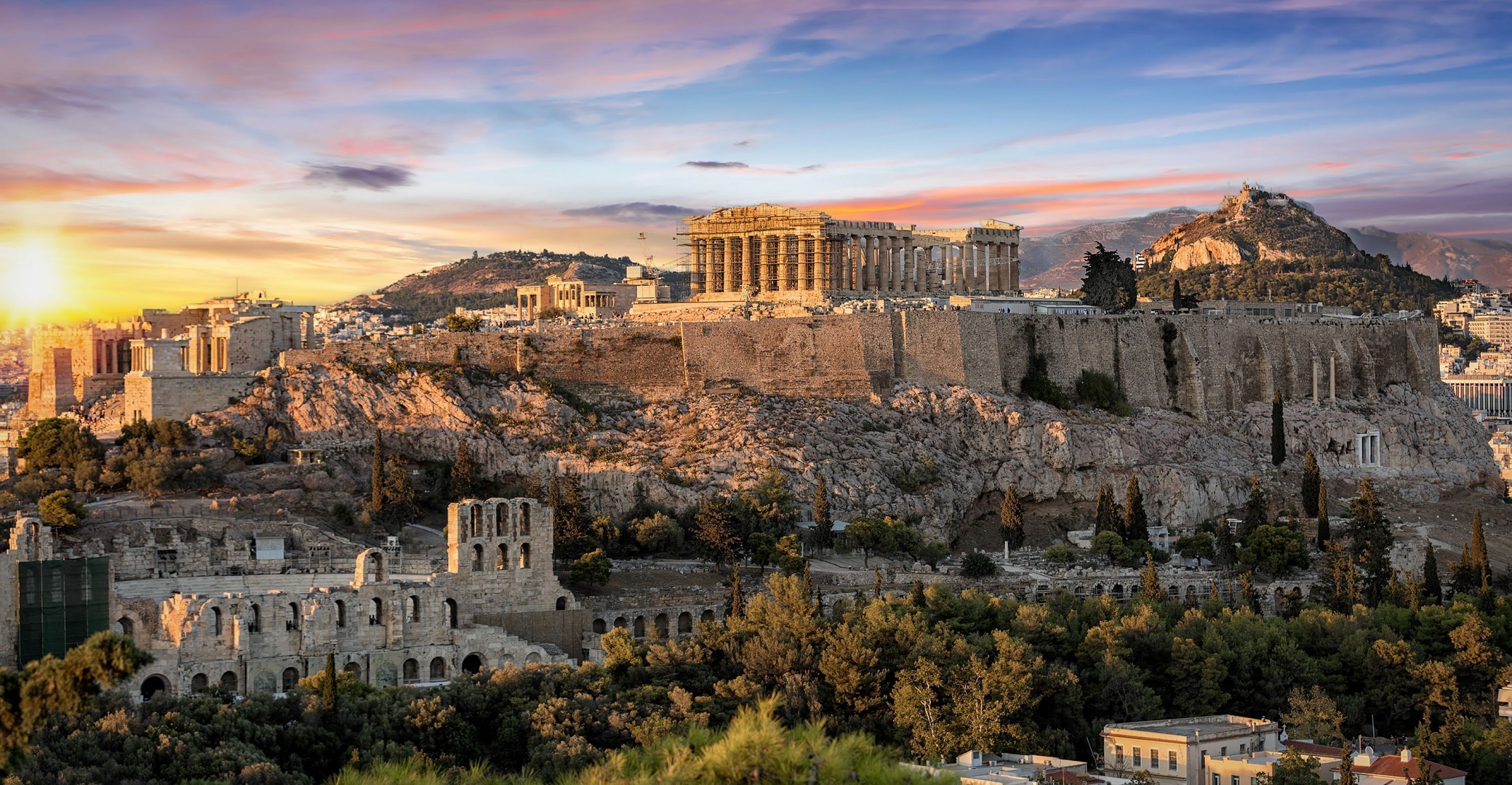 Athens Greece Ruins Architecture Sunset Glow 2079x1080