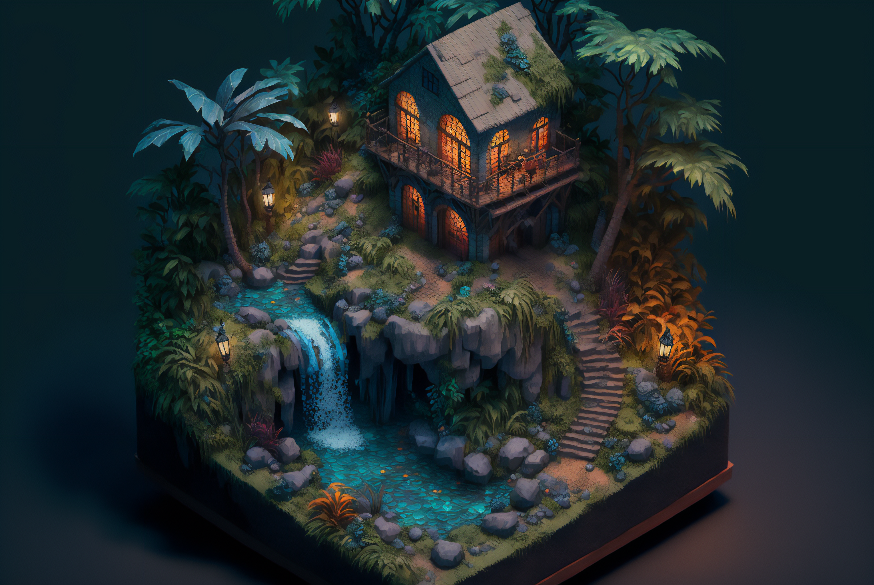 Diorama Isometric Waterfall Tropical Palm Trees House Stairs Water 3060x2048