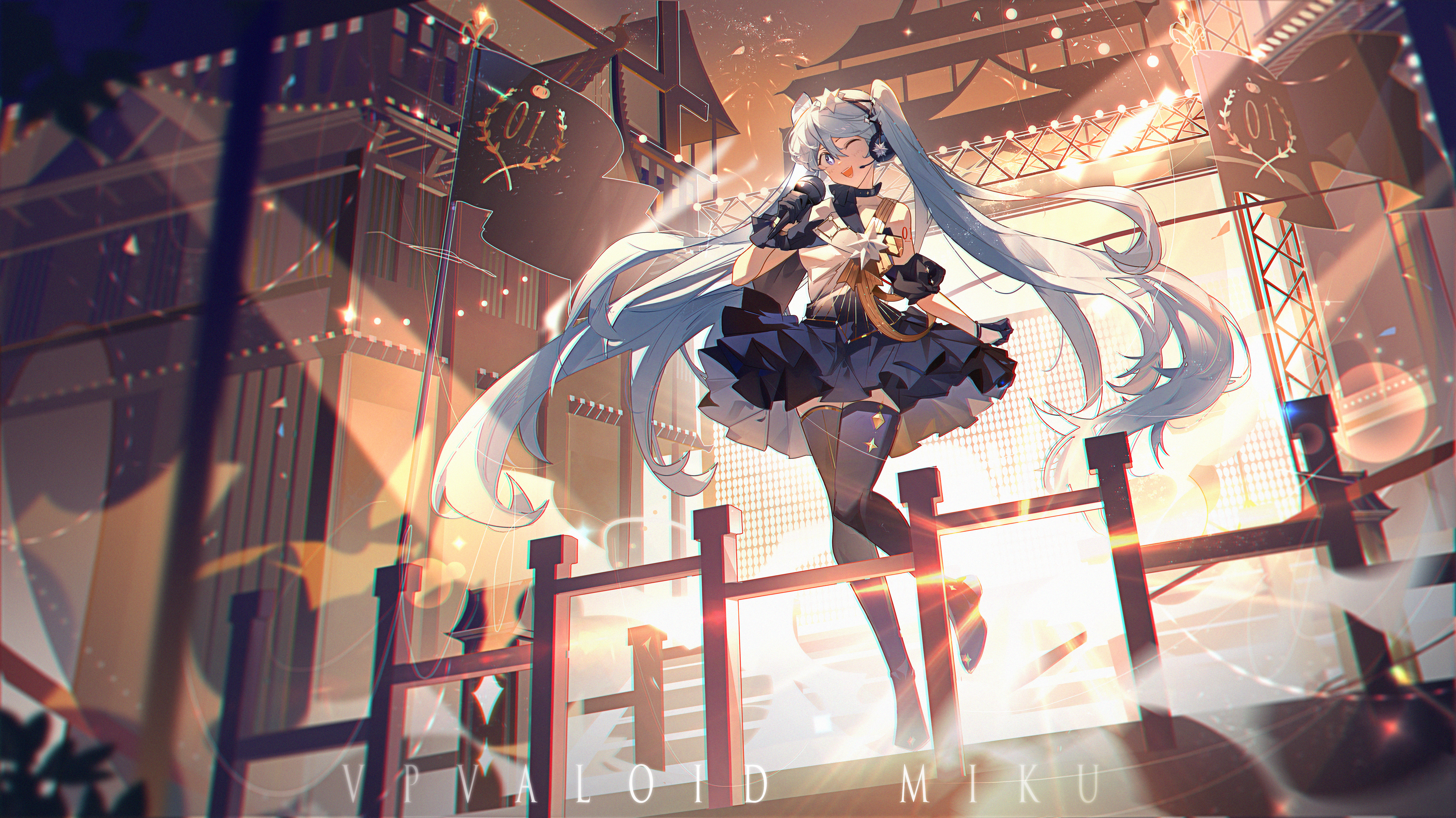Hatsune Miku Anime Vocaloid Anime Girls Twintails One Eye Closed Blue Hair Blue Eyes Microphone Dres 5761x3240
