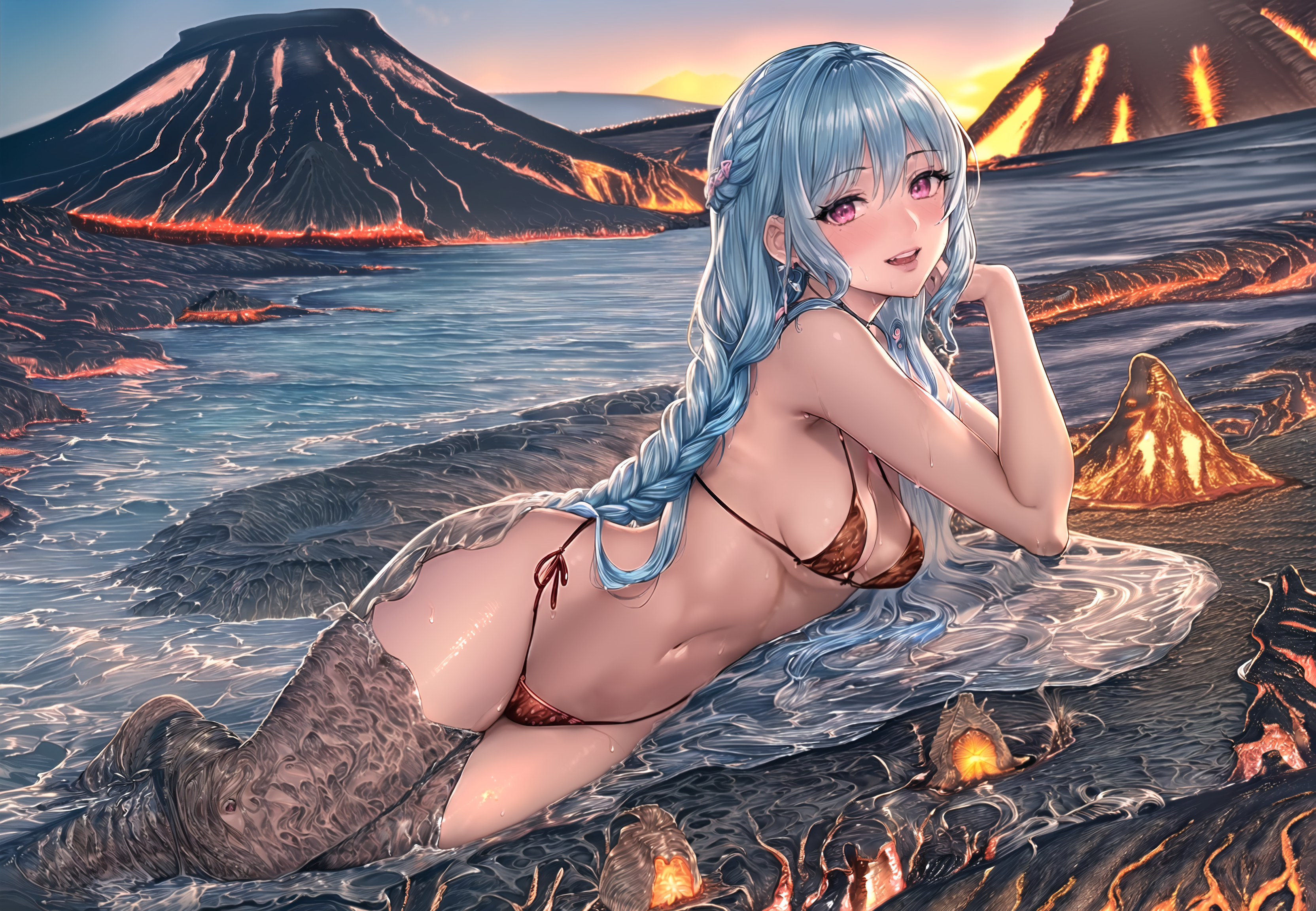 Anime Anime Girls Artwork Women Mia27000 Digital Art Beach Blue Hair Braids Purple Eyes Braided Hair 3328x2304
