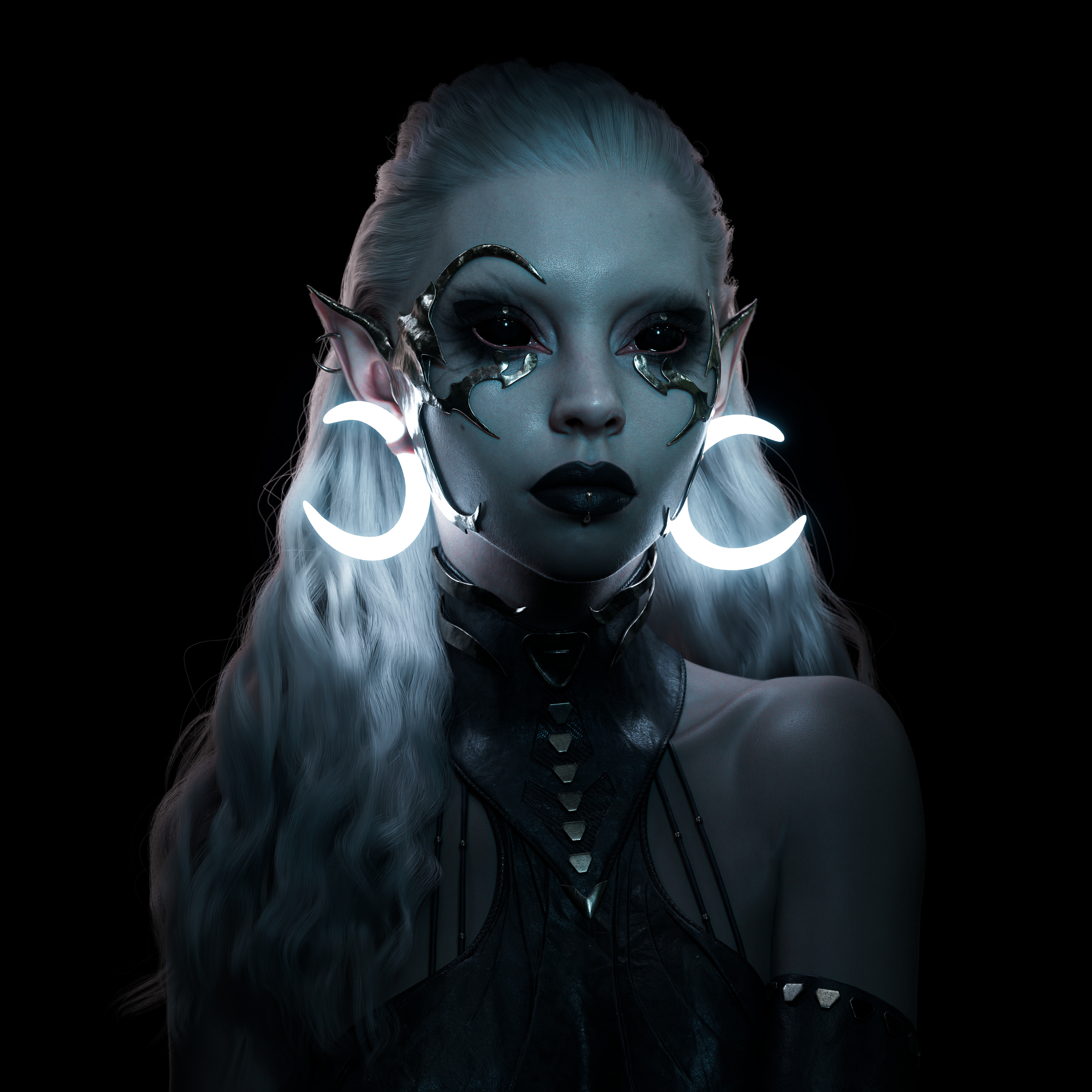 Tom Newbury CGi Women Elves Dark Elf Silver Hair Earring Glowing Dark Eyes Black Background Black Li 3840x3840