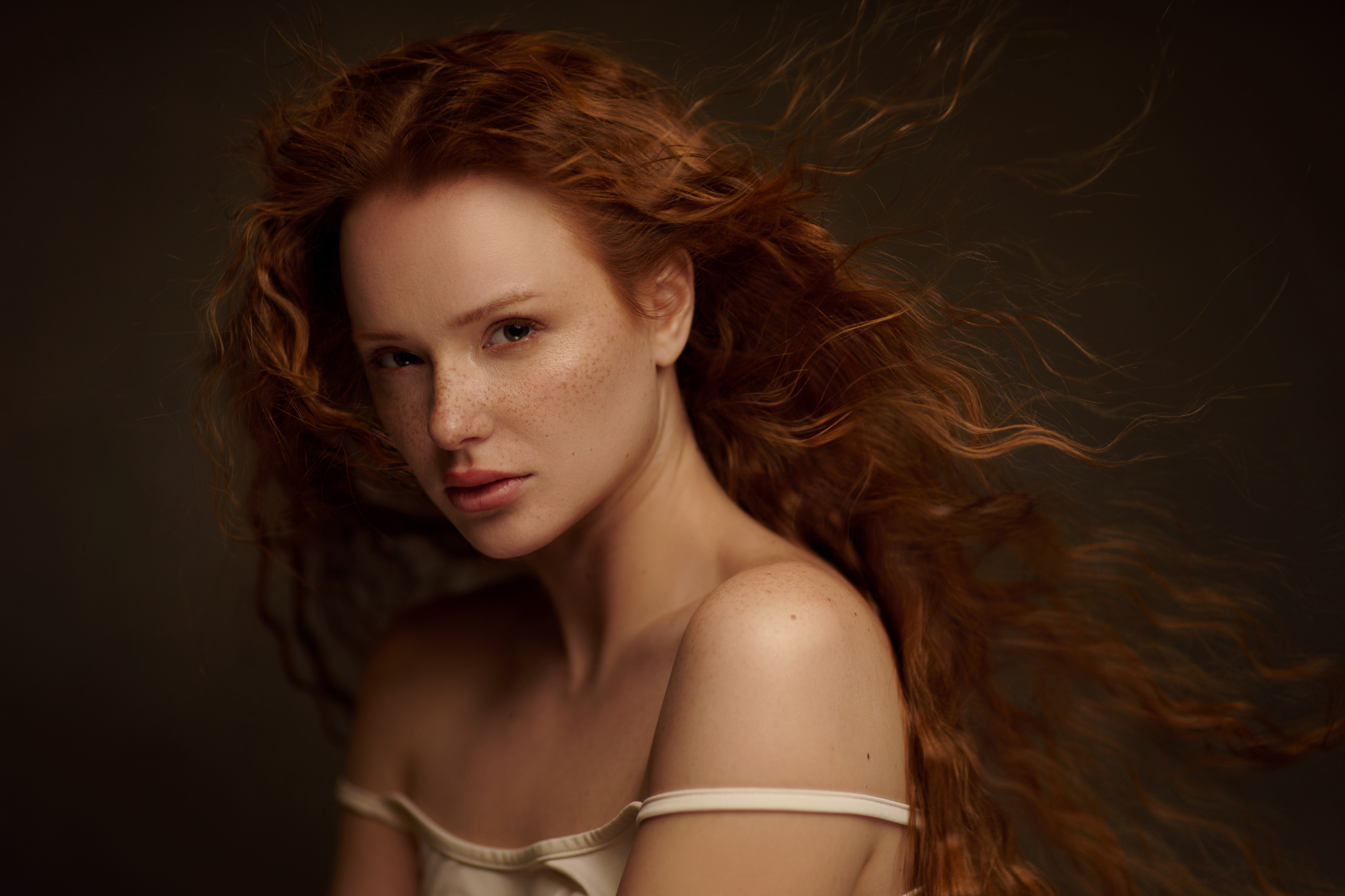 Rustam Rakhimov Women Redhead Long Hair Freckles Portrait Wind Wavy Hair 3500x2333