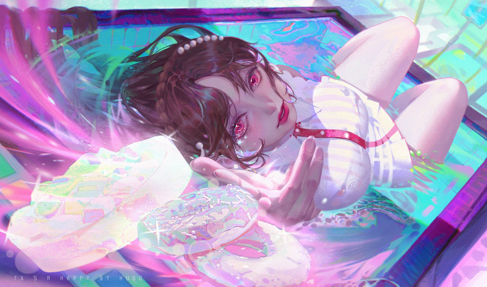 Anime Girls Artwork Digital Art Water Donut Sweets Red Eyes 1695x1000